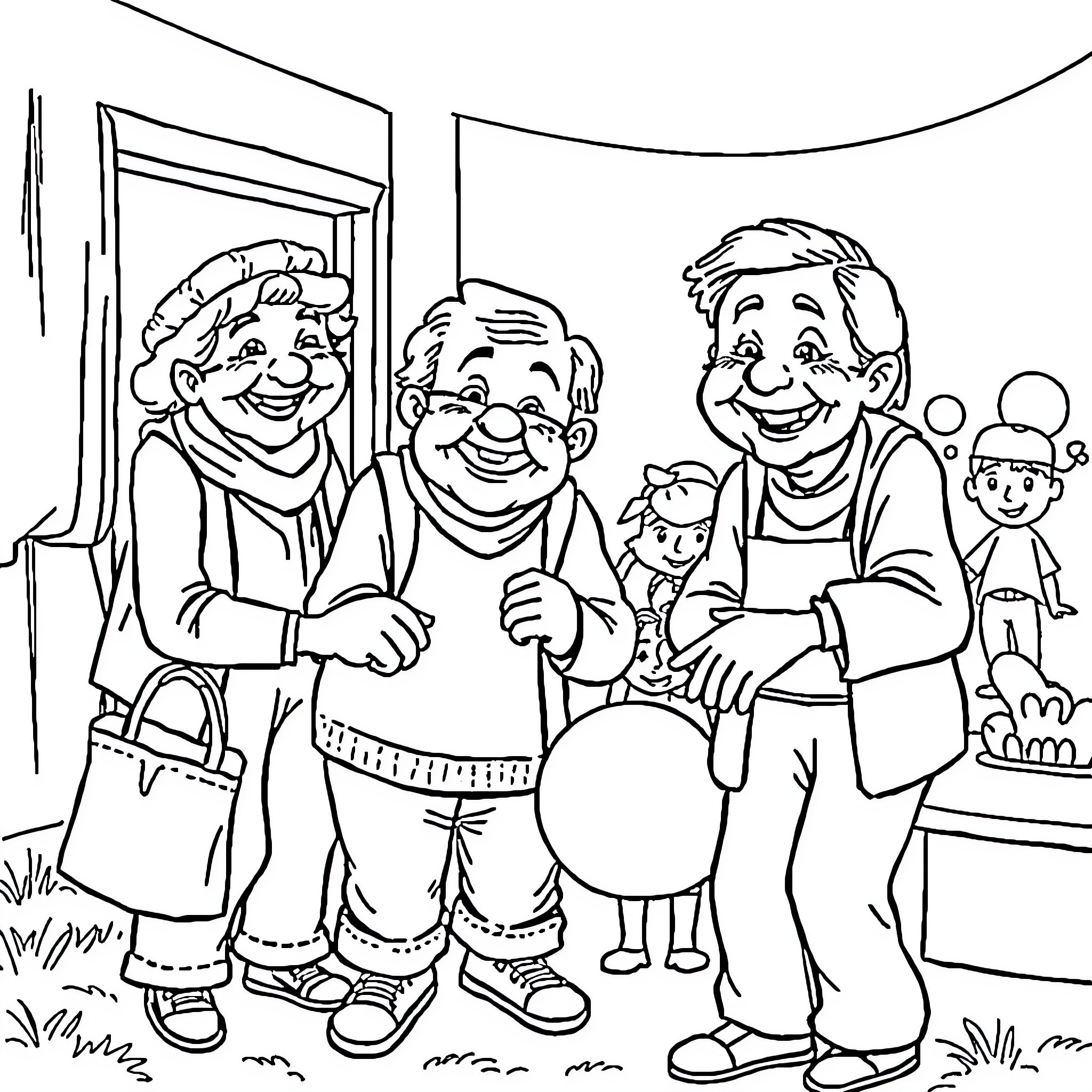 Elderly friends enjoying a lively gathering Coloring Page (free black-and-white line drawing printable PDF for all, from beginners to advanced learners, including children, teens, adults, and seniors)