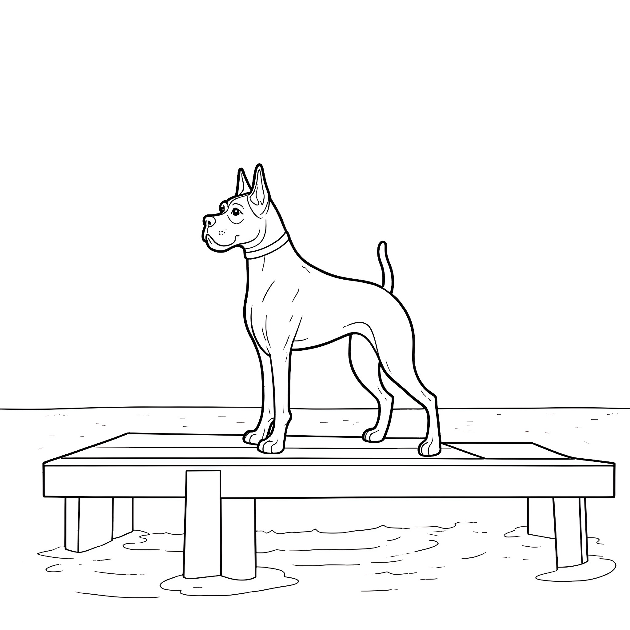 Boxer Dog Standing on Wooden Platform Coloring Page (free black-and-white line drawing printable PDF for all, from beginners to advanced learners, including children, teens, adults, and seniors)