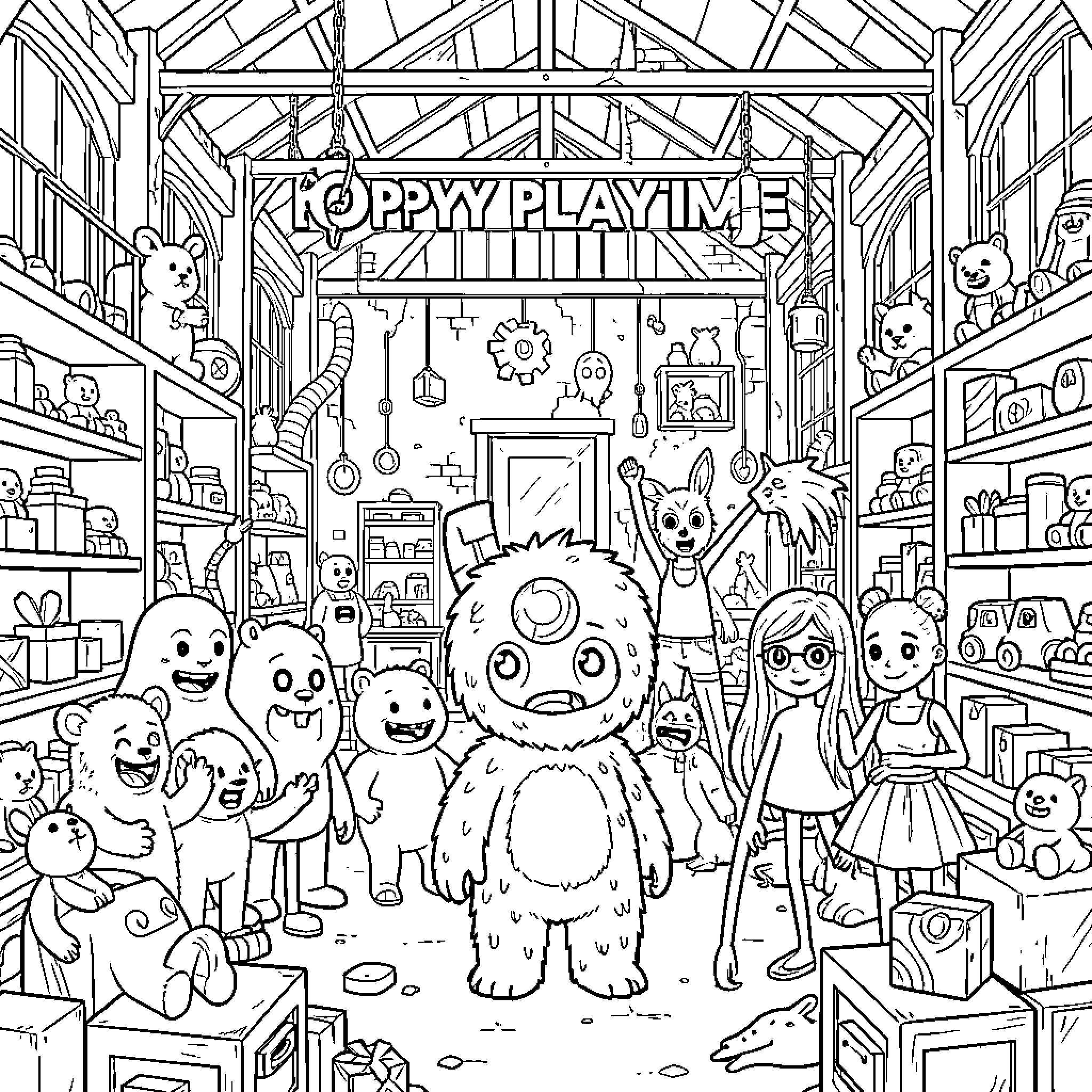 Poppy Playtime characters gathering together in a toy factory Coloring Page (free black-and-white line drawing printable PDF for all, from beginners to advanced learners, including children, teens, adults, and seniors)