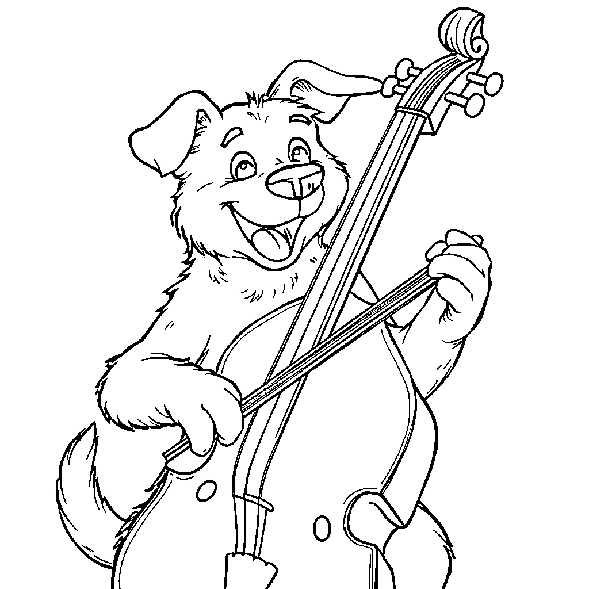 Dog playing cello happily Coloring Page (free black-and-white line drawing printable PDF for all, from beginners to advanced learners, including children, teens, adults, and seniors)