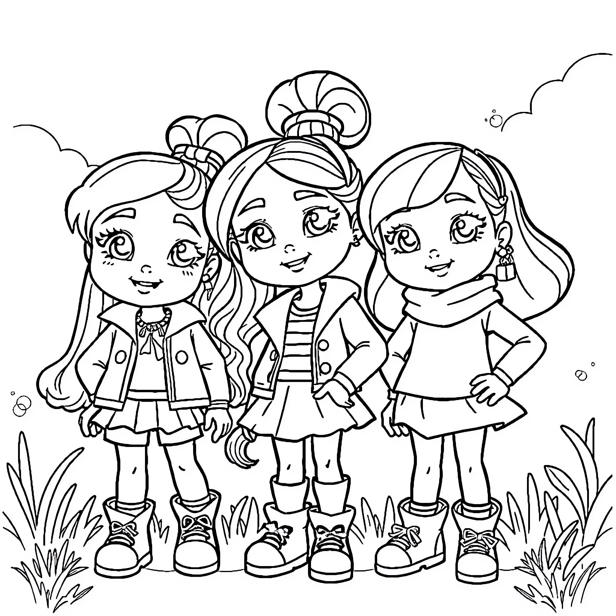 Gabby Characters Happily Exploring Outdoors Coloring Page (free black-and-white line drawing printable PDF for all, from beginners to advanced learners, including children, teens, adults, and seniors)