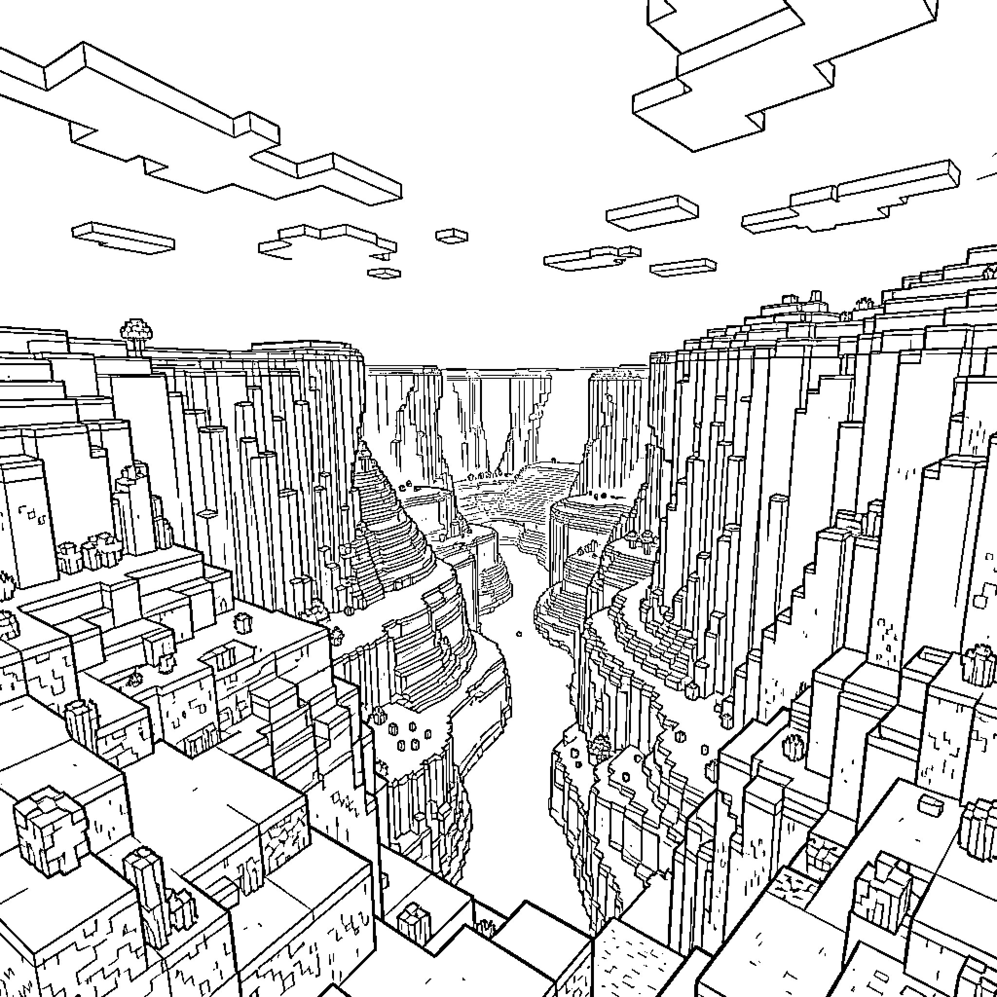 Farland Cityscape with Towering Buildings and Structures Coloring Page (free black-and-white line drawing printable PDF for all, from beginners to advanced learners, including children, teens, adults, and seniors)