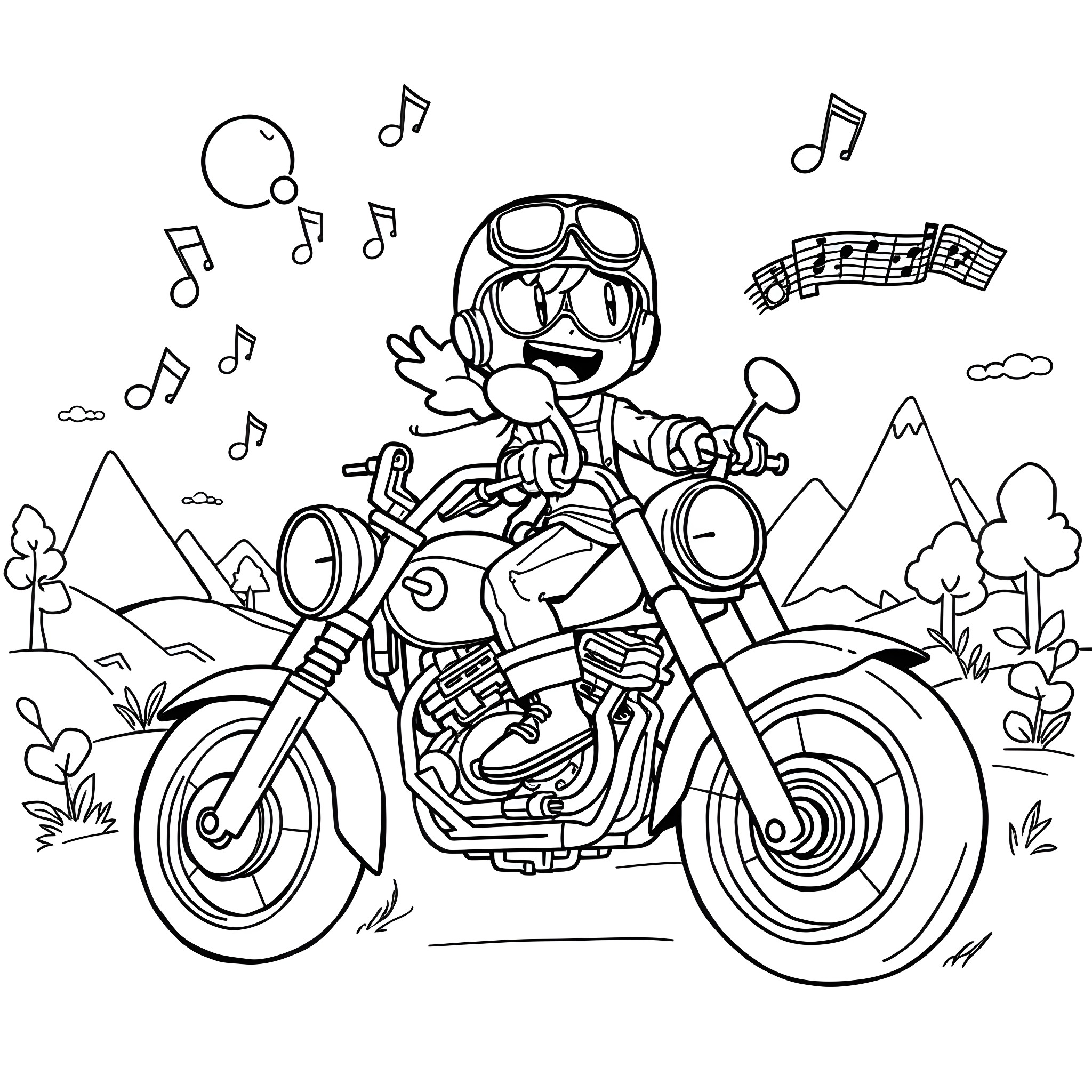 Poco's Musical Motorcycle Ride Coloring Page (free black-and-white line drawing printable PDF for all, from beginners to advanced learners, including children, teens, adults, and seniors)