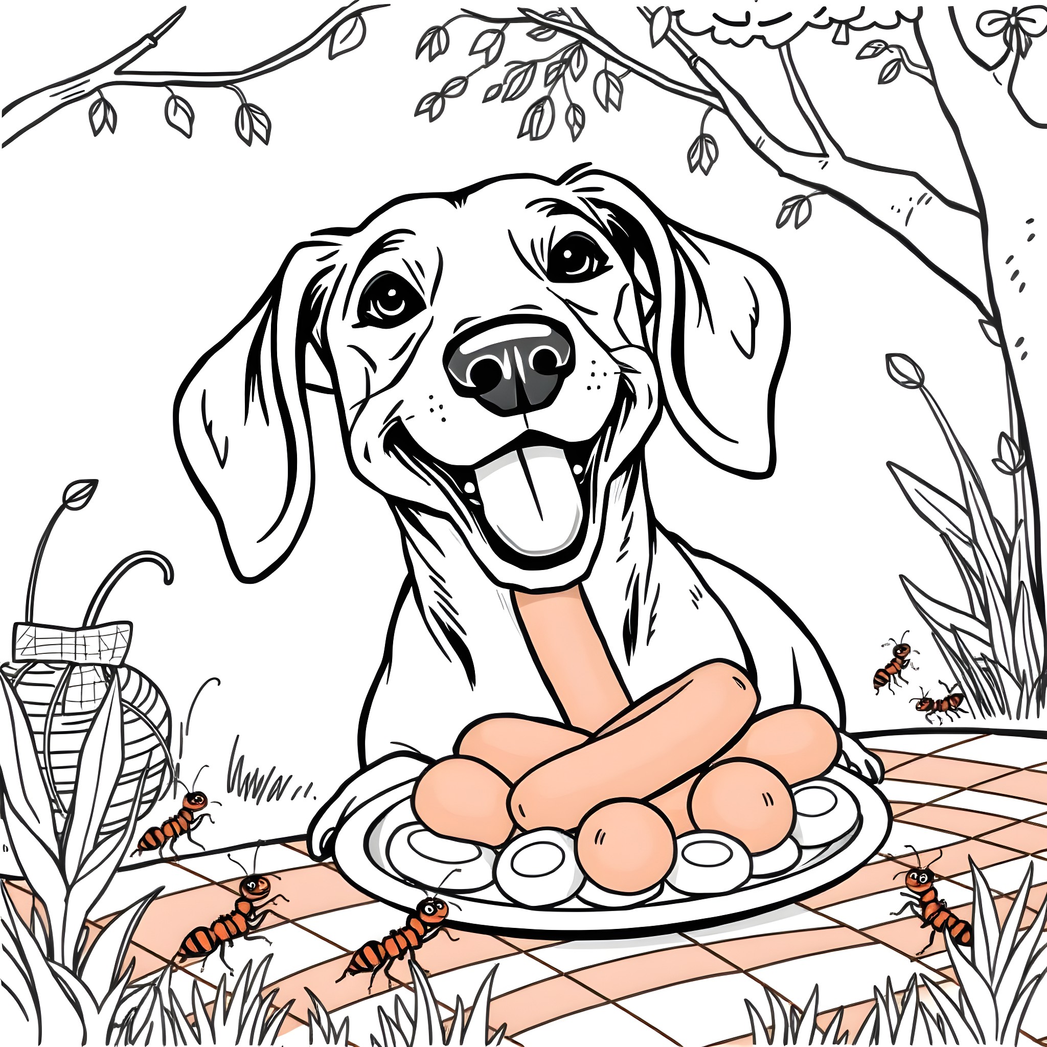 Dachshund enjoying a picnic with ants Coloring Page (free black-and-white line drawing printable PDF for all, from beginners to advanced learners, including children, teens, adults, and seniors)