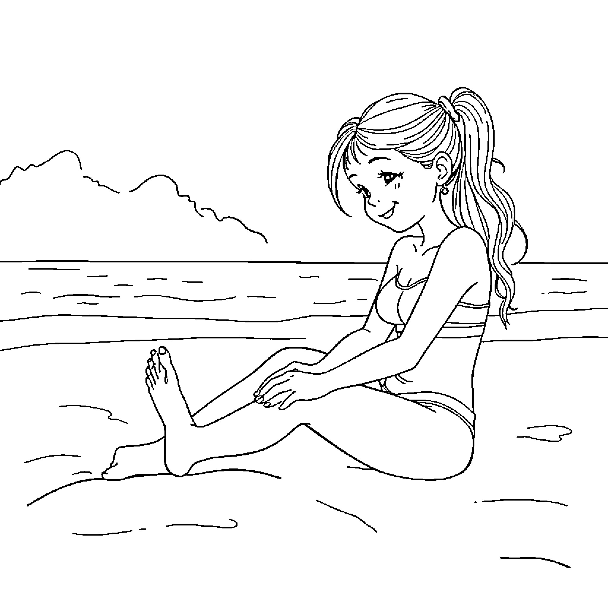 Girl enjoying the beach in a swimsuit Coloring Page (free black-and-white line drawing printable PDF for all, from beginners to advanced learners, including children, teens, adults, and seniors)