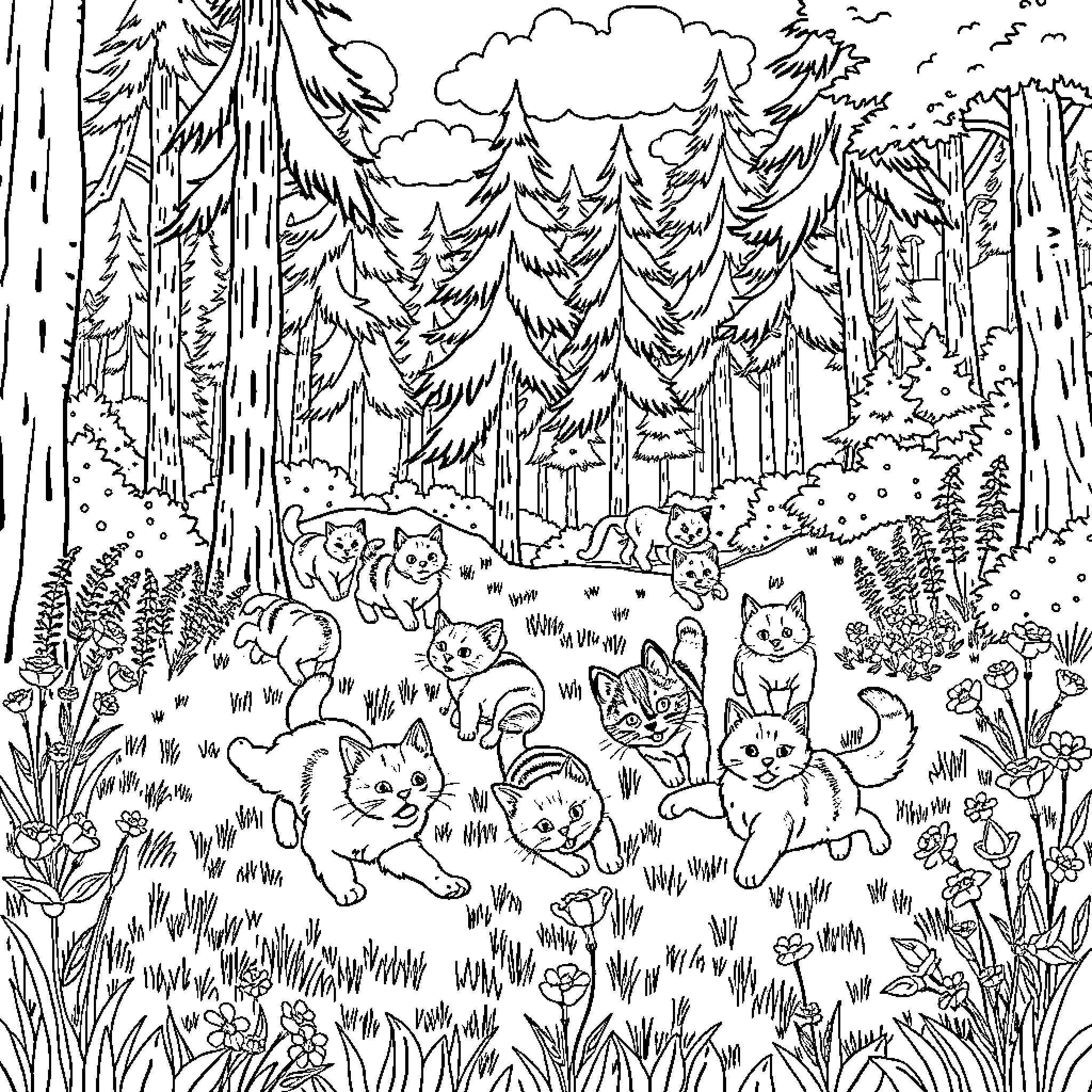 Cat Colony Exploring the Woodland Wilderness Coloring Page (free black-and-white line drawing printable PDF for all, from beginners to advanced learners, including children, teens, adults, and seniors)