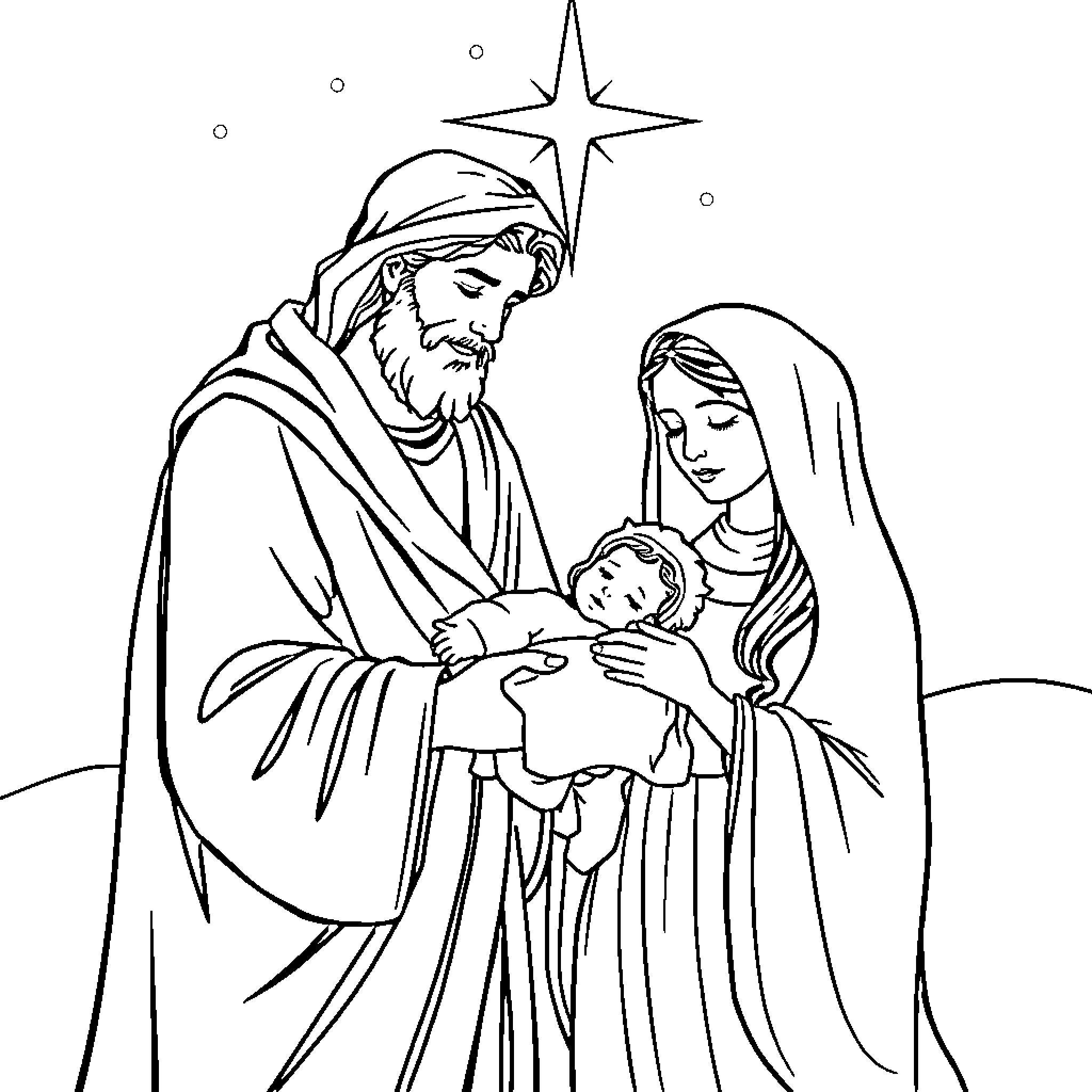 Joseph and Mary adoring the infant Jesus Coloring Page (free black-and-white line drawing printable PDF for all, from beginners to advanced learners, including children, teens, adults, and seniors)