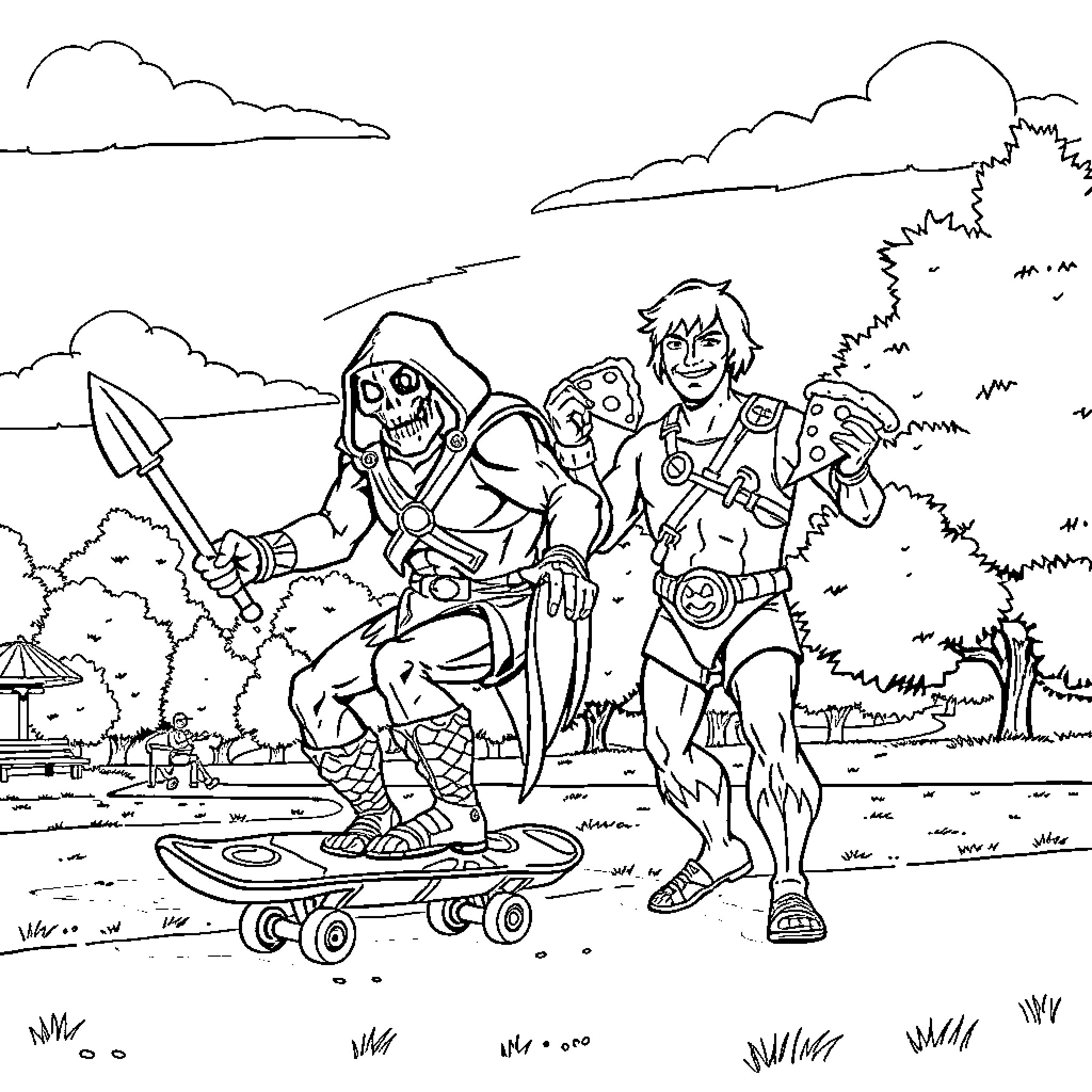 Skeletor and Evil Warriors Causing Chaos in the Park Coloring Page (free black-and-white line drawing printable PDF for all, from beginners to advanced learners, including children, teens, adults, and seniors)