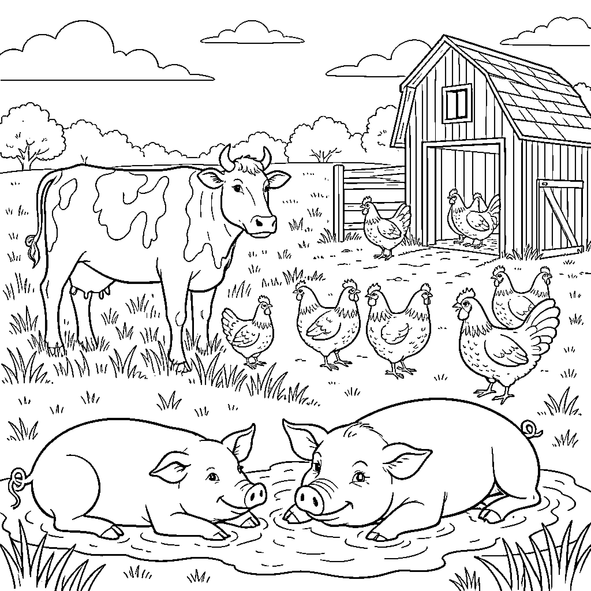 Farm Animals playing and relaxing in a meadow Coloring Page (free black-and-white line drawing printable PDF for all, from beginners to advanced learners, including children, teens, adults, and seniors)