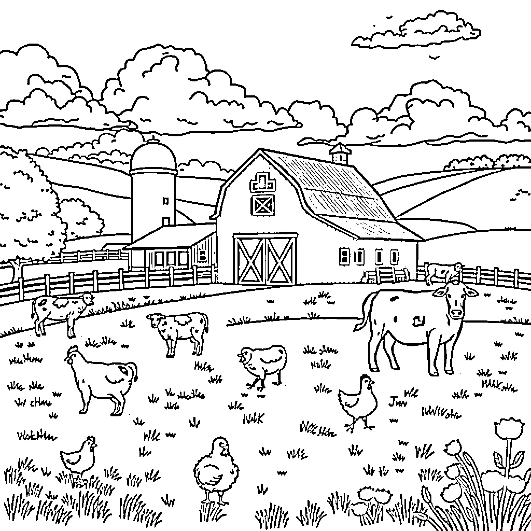 Farm animals and scenery in a countryside landscape Coloring Page (free black-and-white line drawing printable PDF for all, from beginners to advanced learners, including children, teens, adults, and seniors)