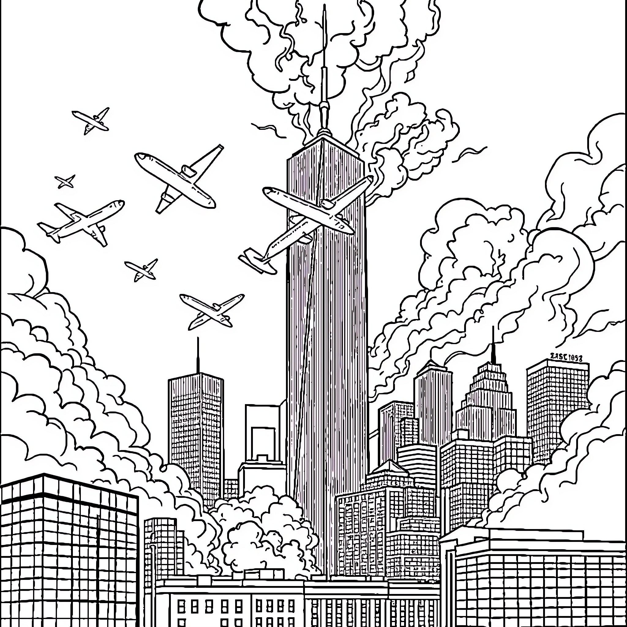 9/11 Tragic Events of Destruction and Devastation Coloring Page (free black-and-white line drawing printable PDF for all, from beginners to advanced learners, including children, teens, adults, and seniors)