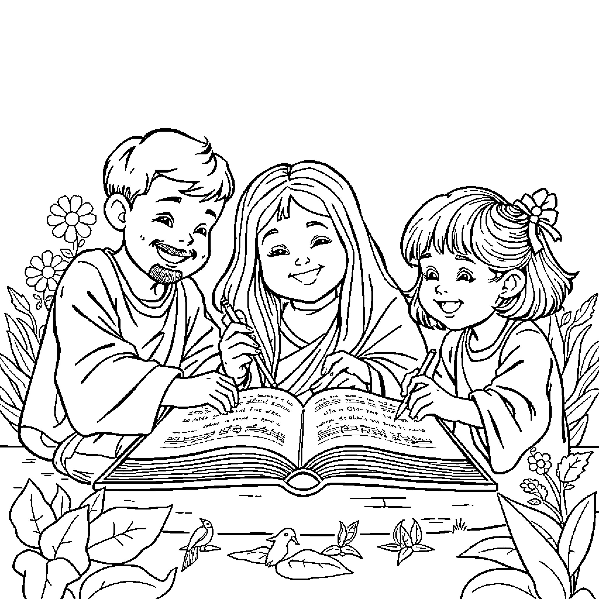 Kids Bible: Children reading the scripture joyfully Coloring Page (free black-and-white line drawing printable PDF for all, from beginners to advanced learners, including children, teens, adults, and seniors)