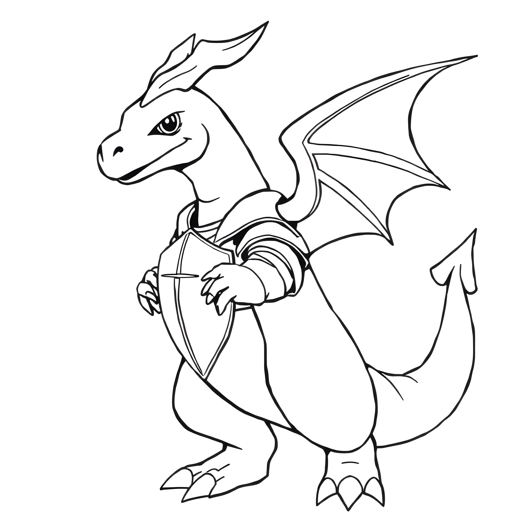 Charizard wielding a shield and ready for battle Coloring Page (free black-and-white line drawing printable PDF for all, from beginners to advanced learners, including children, teens, adults, and seniors)