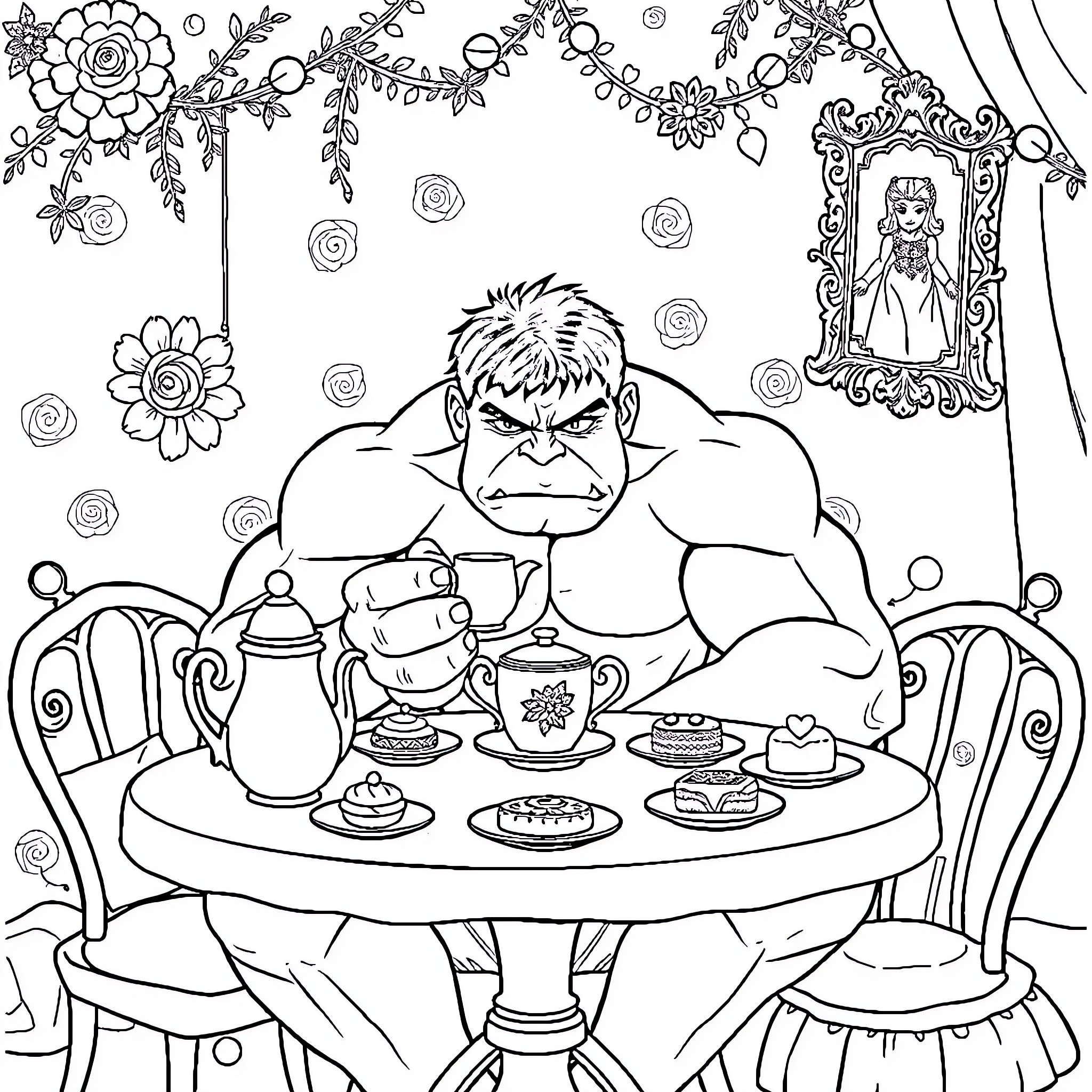 Hulk enjoying a tea party with delectable desserts Coloring Page (free black-and-white line drawing printable PDF for all, from beginners to advanced learners, including children, teens, adults, and seniors)