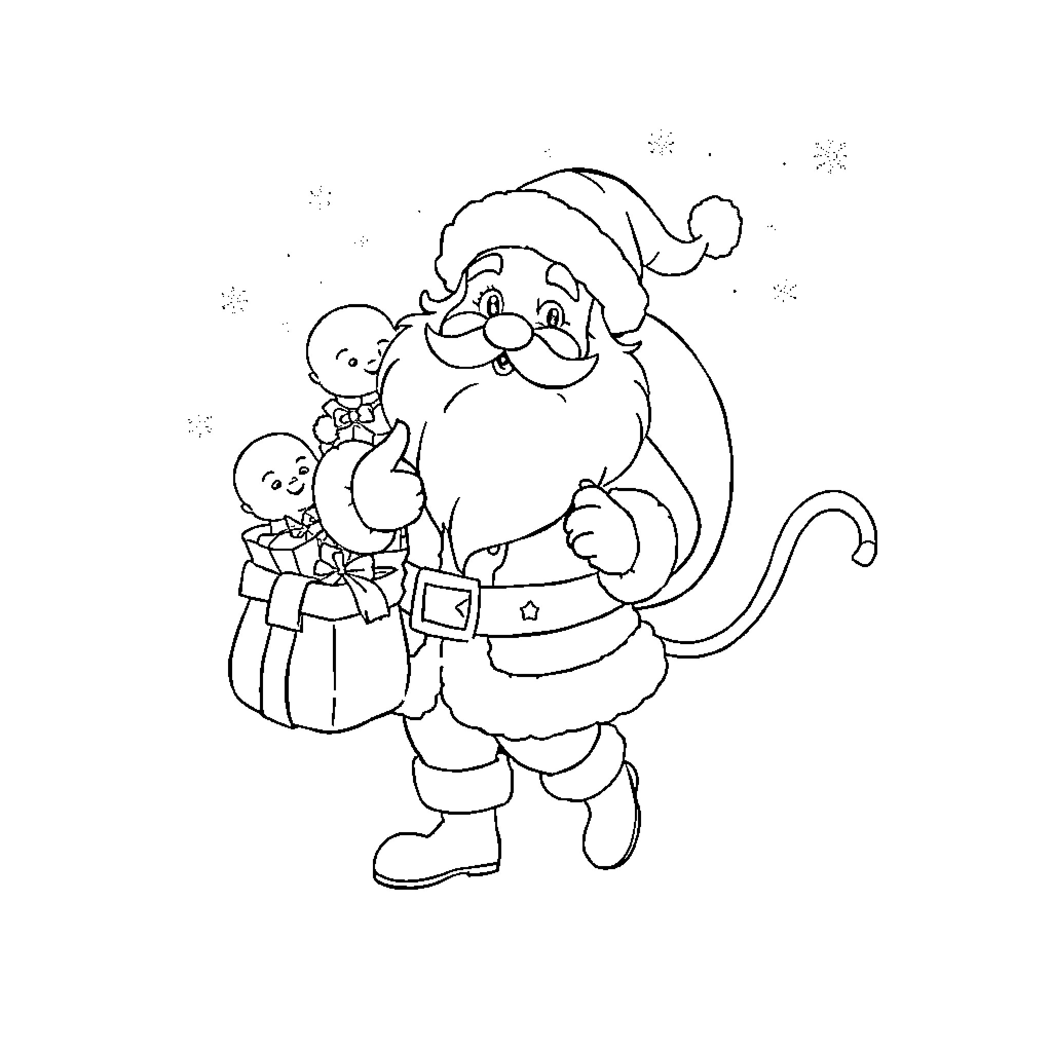 Santa Claus delivering gifts to children Coloring Page (free black-and-white line drawing printable PDF for all, from beginners to advanced learners, including children, teens, adults, and seniors)