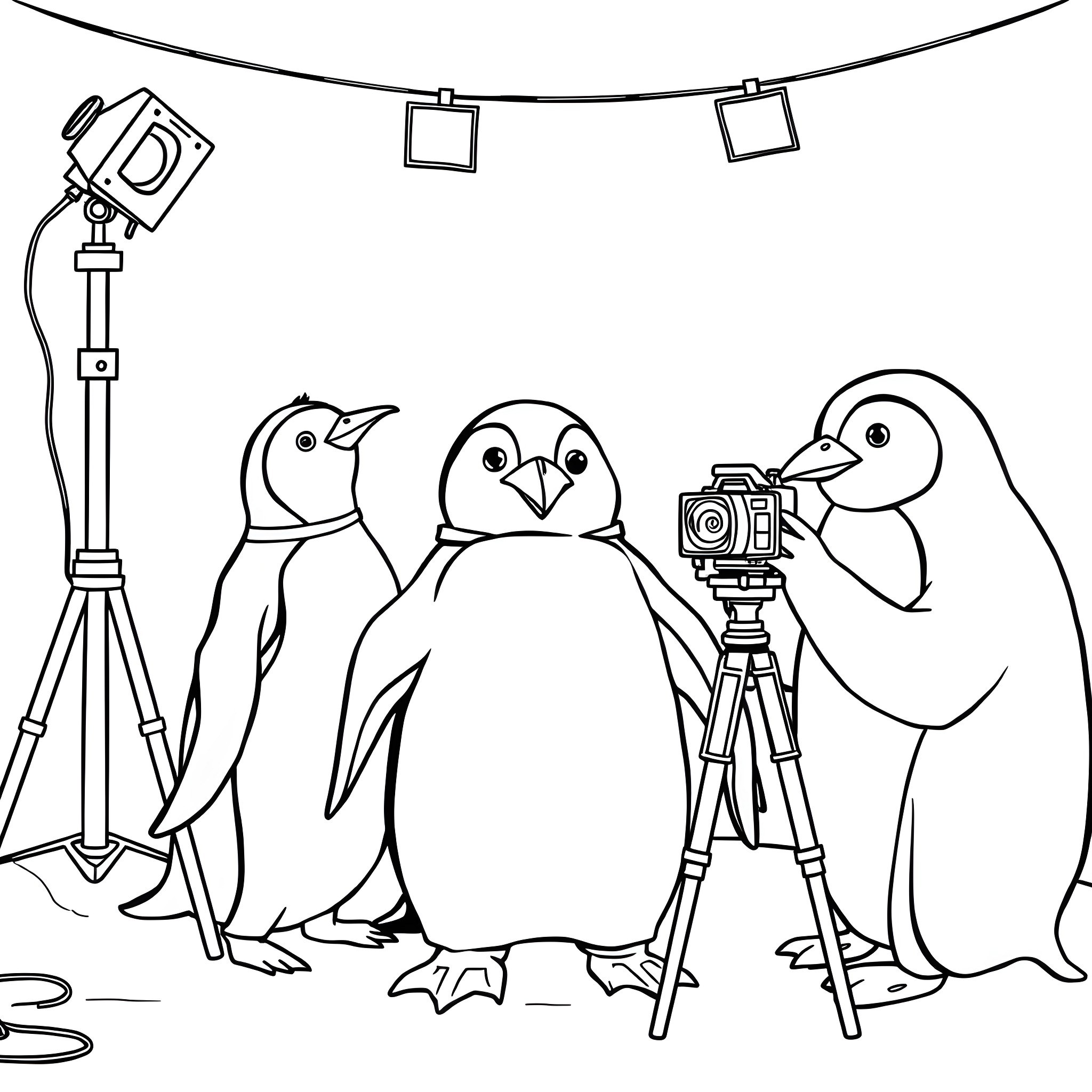 Penguins taking photos using camera and tripod Coloring Page (free black-and-white line drawing printable PDF for all, from beginners to advanced learners, including children, teens, adults, and seniors)