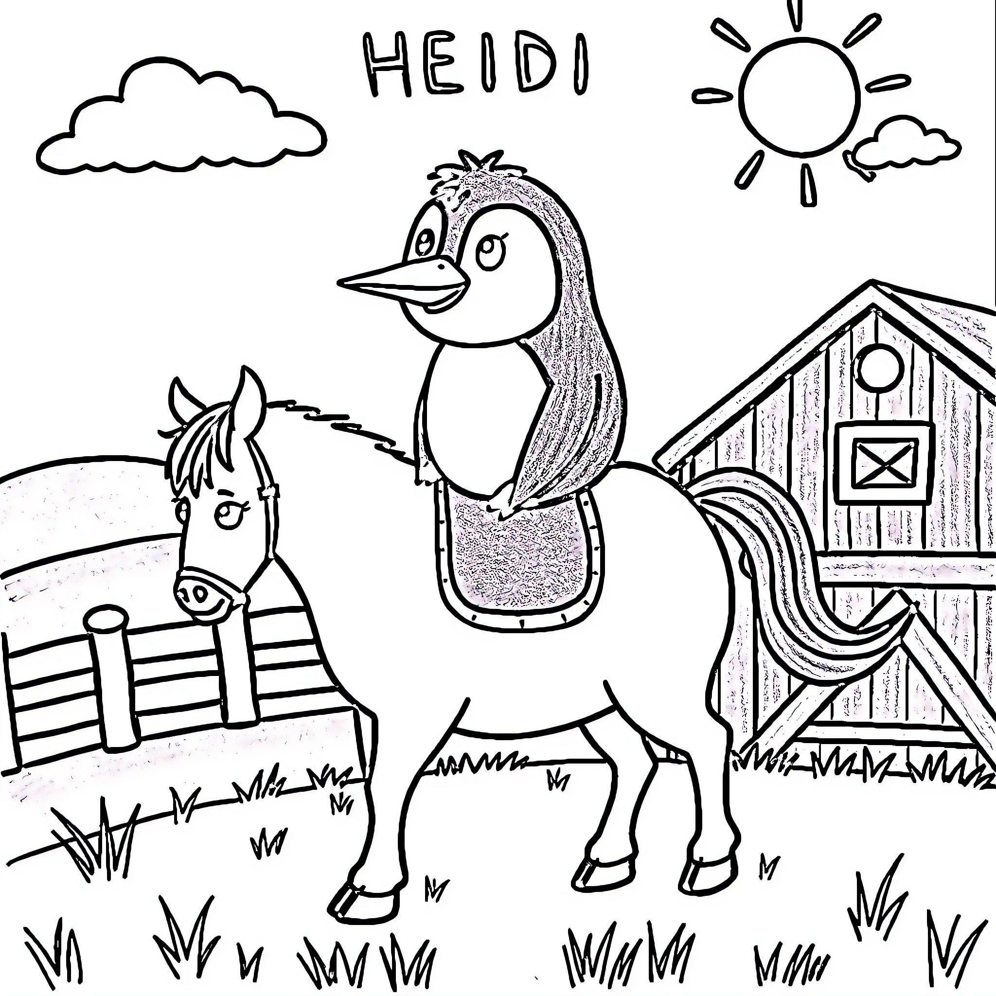 Penguin riding a horse on a farm Coloring Page (free black-and-white line drawing printable PDF for all, from beginners to advanced learners, including children, teens, adults, and seniors)