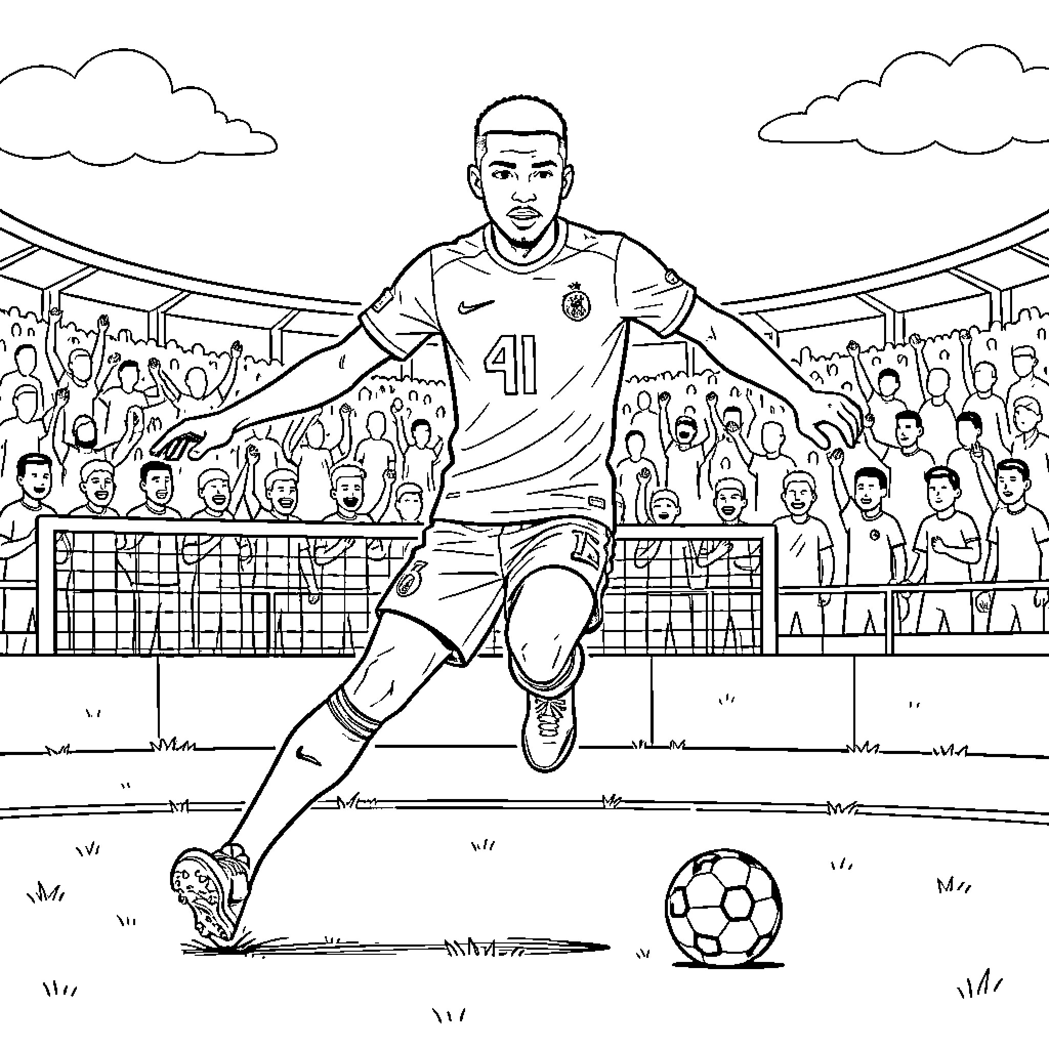 Mbappe dribbling a soccer ball during a match Coloring Page (free black-and-white line drawing printable PDF for all, from beginners to advanced learners, including children, teens, adults, and seniors)