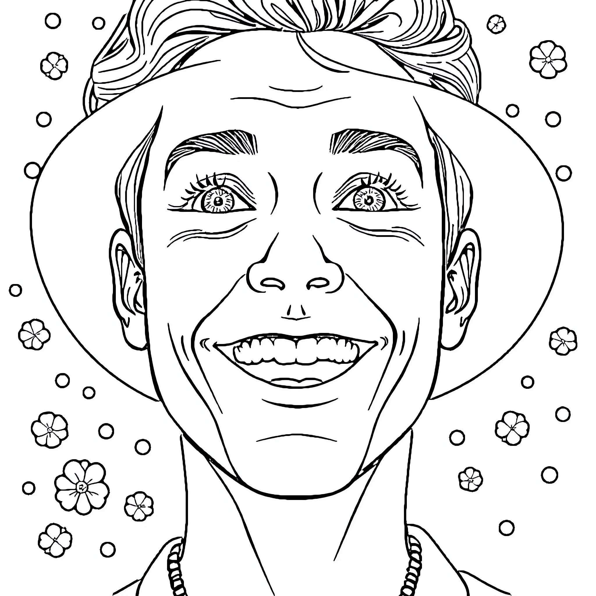 J-Hope's Joyful Expressions and Floral Surroundings Coloring Page (free black-and-white line drawing printable PDF for all, from beginners to advanced learners, including children, teens, adults, and seniors)