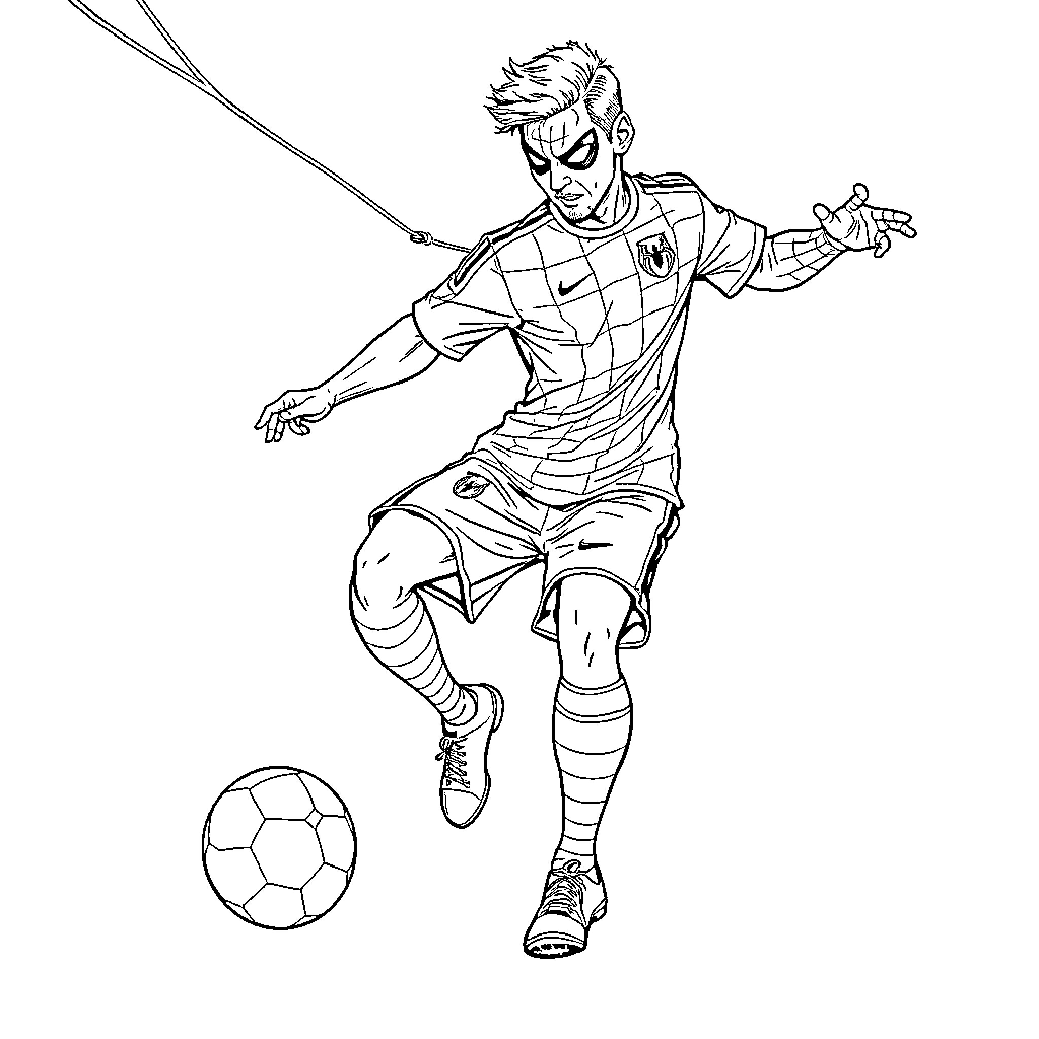 Messi in action, dribbling with the ball Coloring Page (free black-and-white line drawing printable PDF for all, from beginners to advanced learners, including children, teens, adults, and seniors)