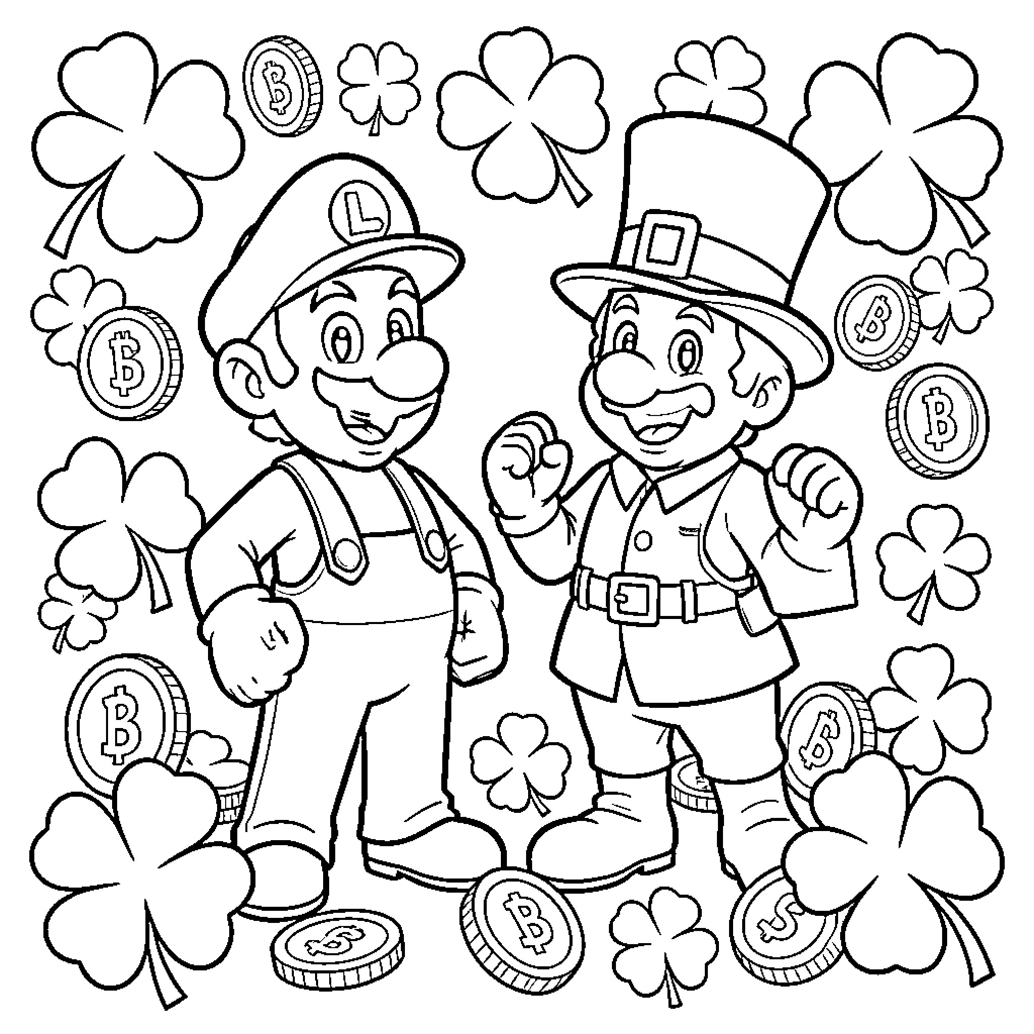 Luigi's Lucky Day with Shamrocks and Bitcoins Coloring Page (free black-and-white line drawing printable PDF for all, from beginners to advanced learners, including children, teens, adults, and seniors)