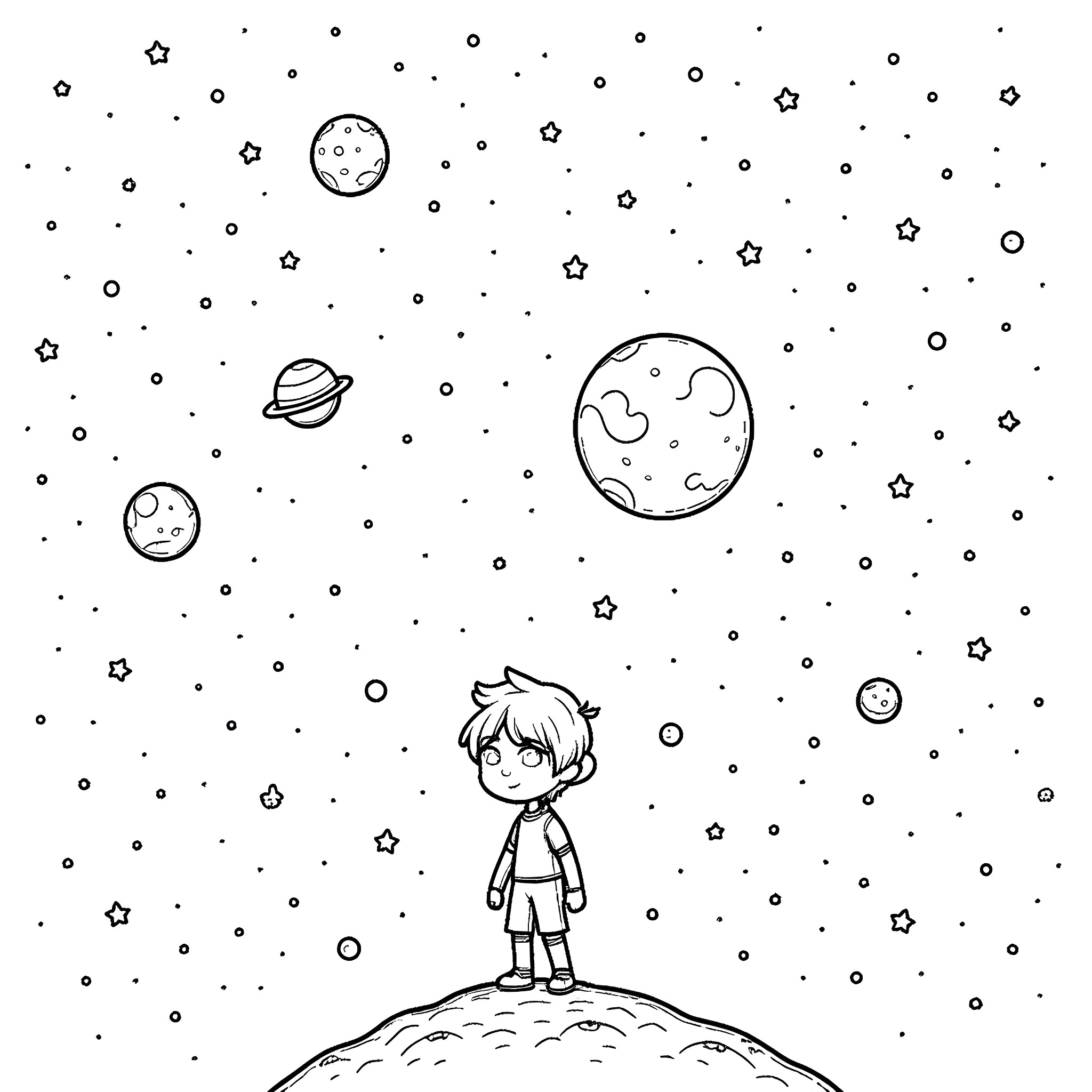 Rafayel explores the wonders of the universe Coloring Page (free black-and-white line drawing printable PDF for all, from beginners to advanced learners, including children, teens, adults, and seniors)