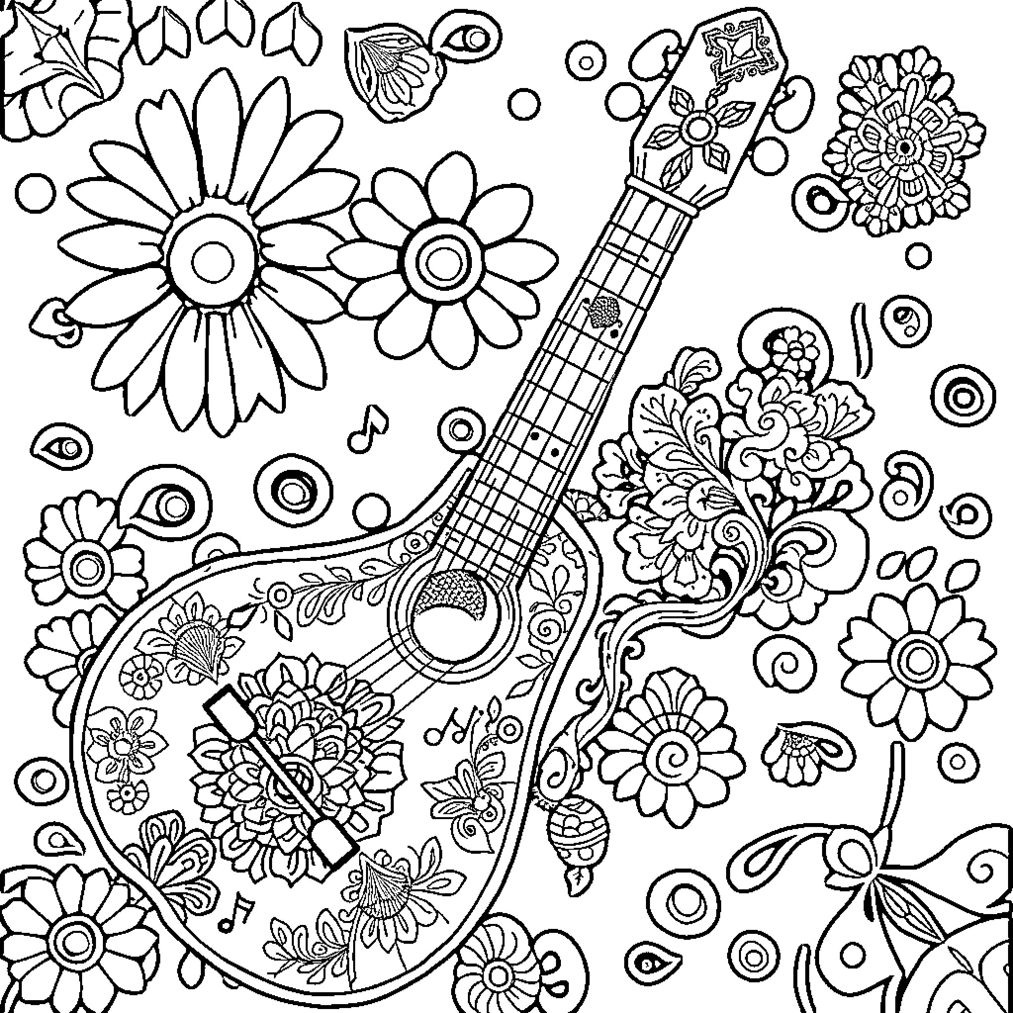 Mandala of Flowery Guitar and Musical Notes Coloring Page (free black-and-white line drawing printable PDF for all, from beginners to advanced learners, including children, teens, adults, and seniors)