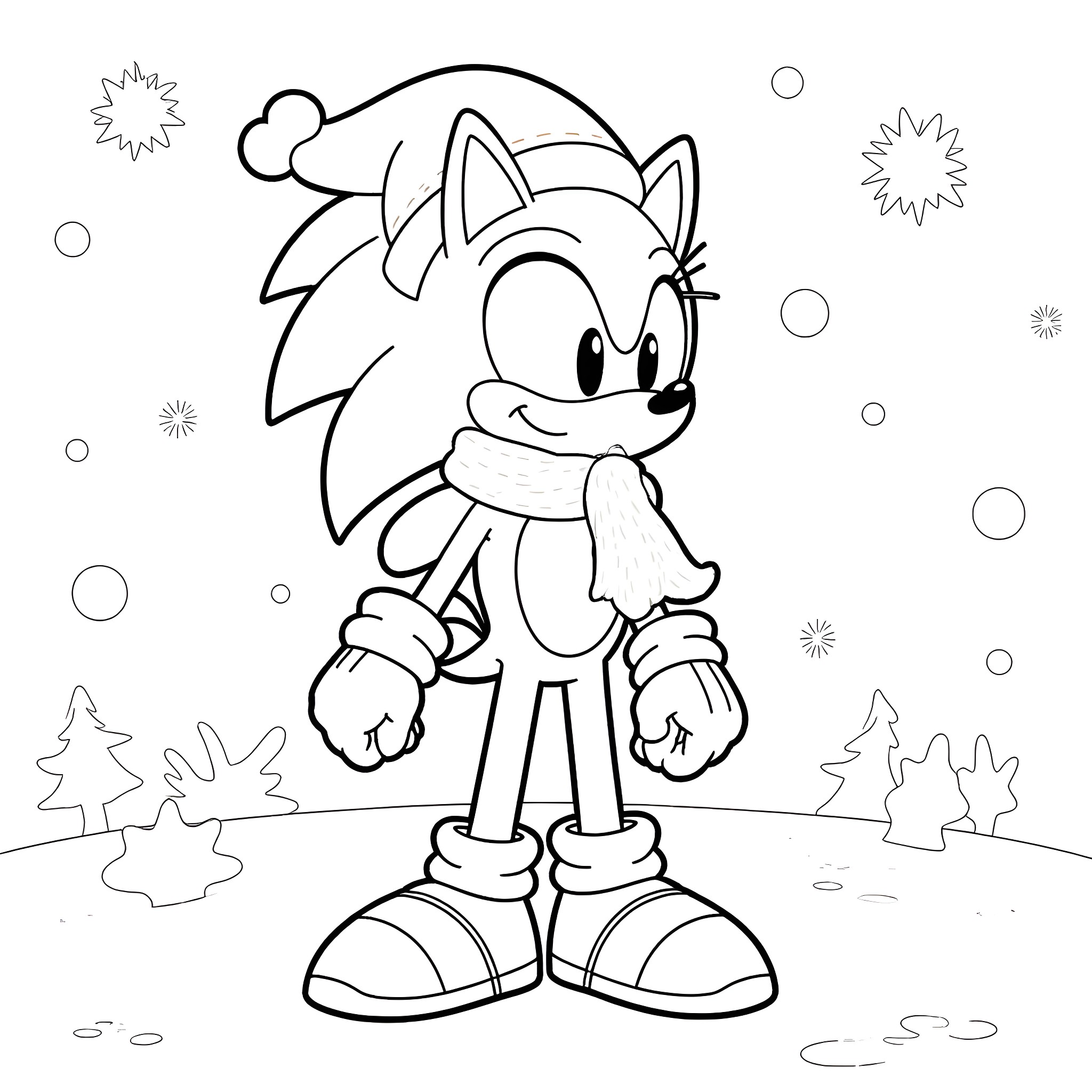 Sonic character in a wintry scene Coloring Page (free black-and-white line drawing printable PDF for all, from beginners to advanced learners, including children, teens, adults, and seniors)