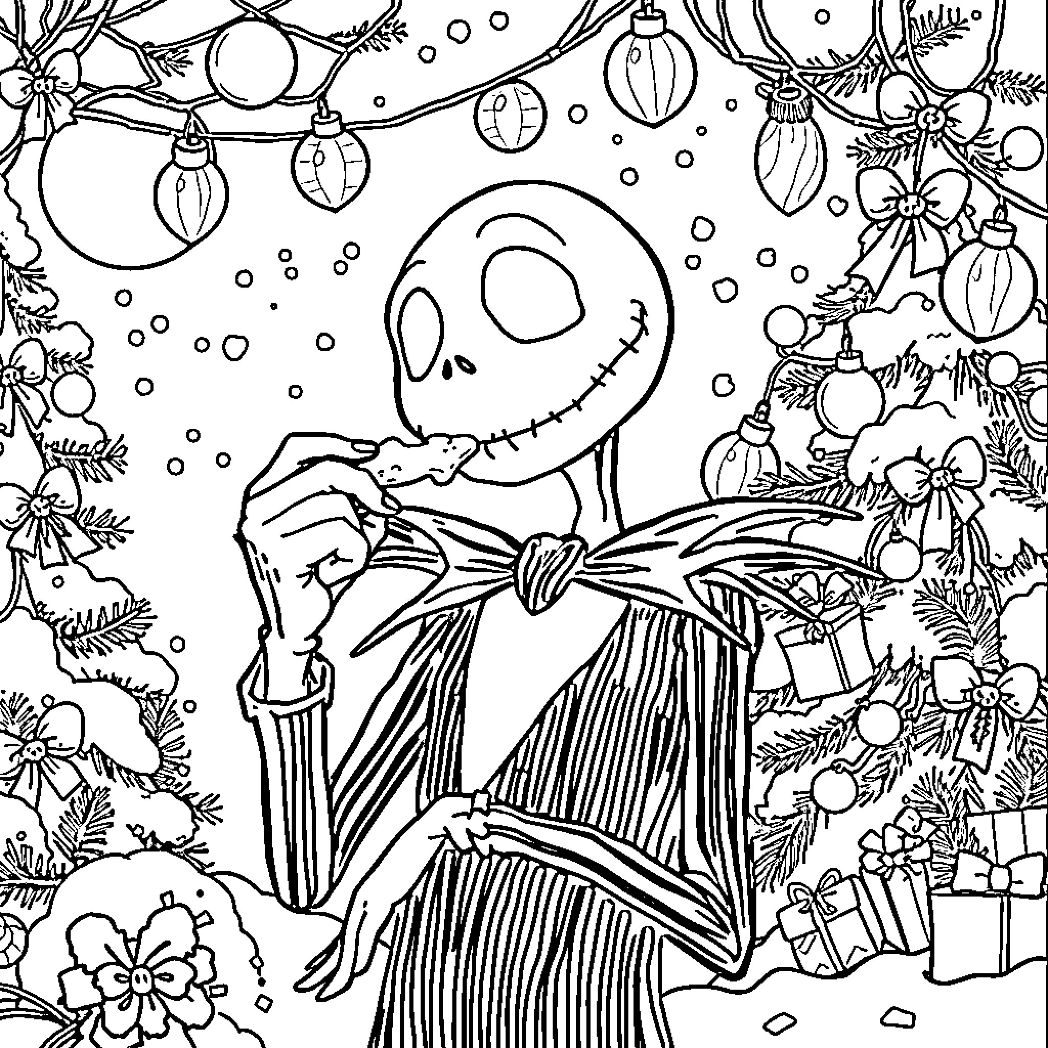 Jack Skellington in a festive winter wonderland Coloring Page (free black-and-white line drawing printable PDF for all, from beginners to advanced learners, including children, teens, adults, and seniors)