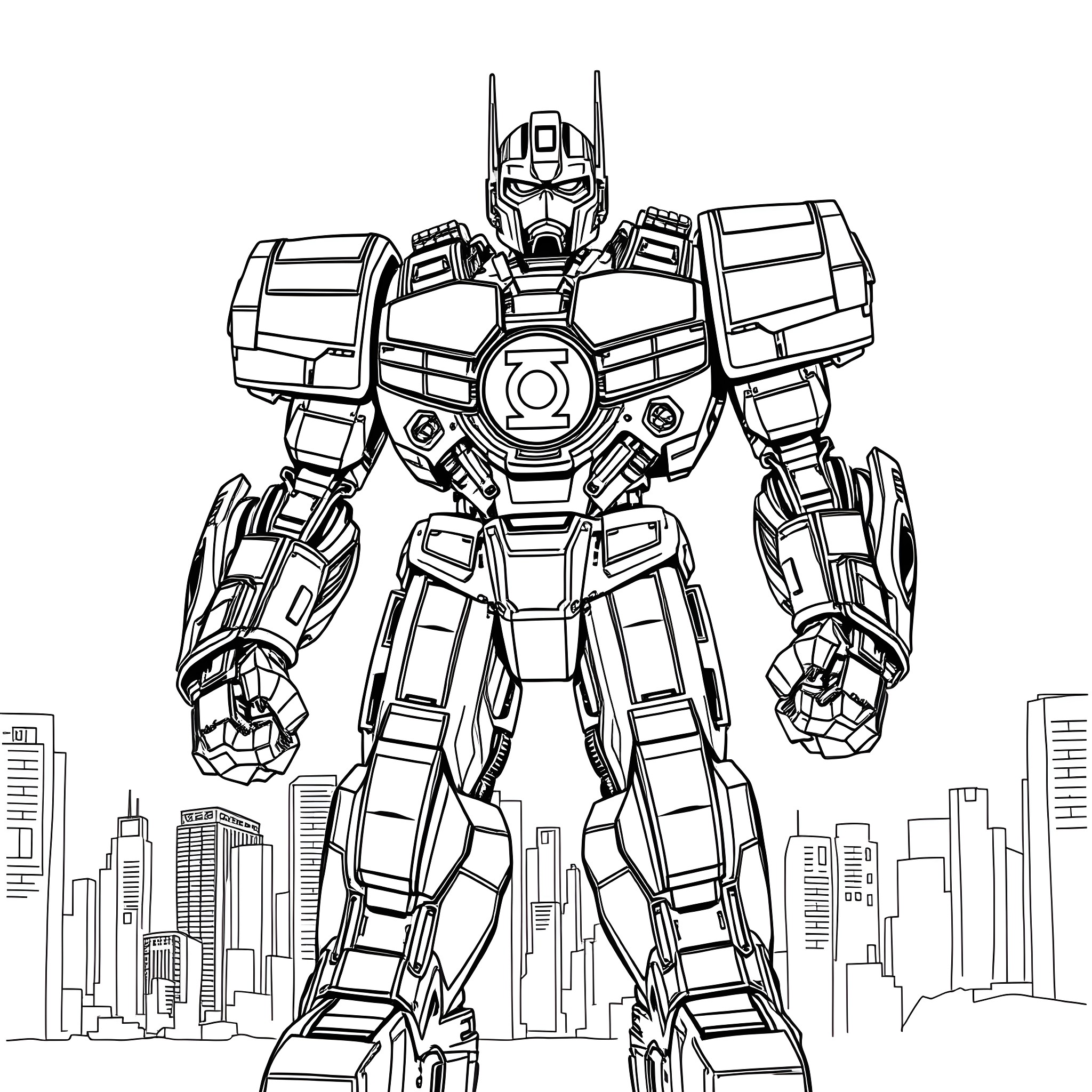 Justice Buster Battles Unidentified Robotic Threat Coloring Page (free black-and-white line drawing printable PDF for all, from beginners to advanced learners, including children, teens, adults, and seniors)