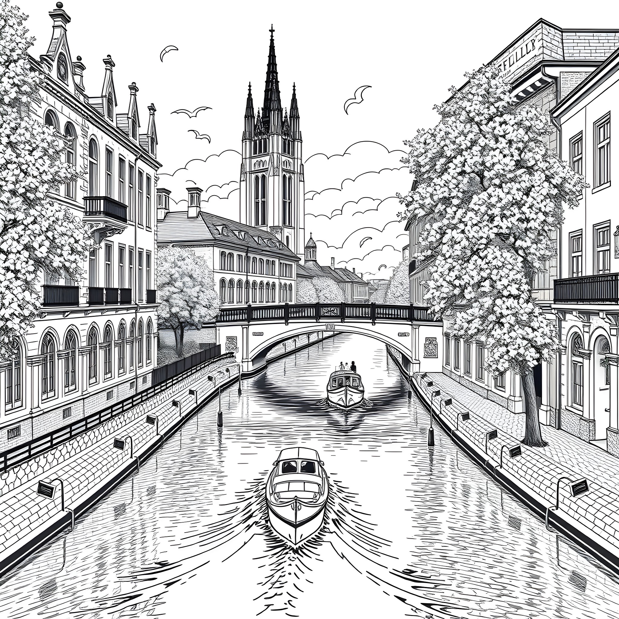 Castle with boats on the canal in a historic town Coloring Page (free black-and-white line drawing printable PDF for all, from beginners to advanced learners, including children, teens, adults, and seniors)