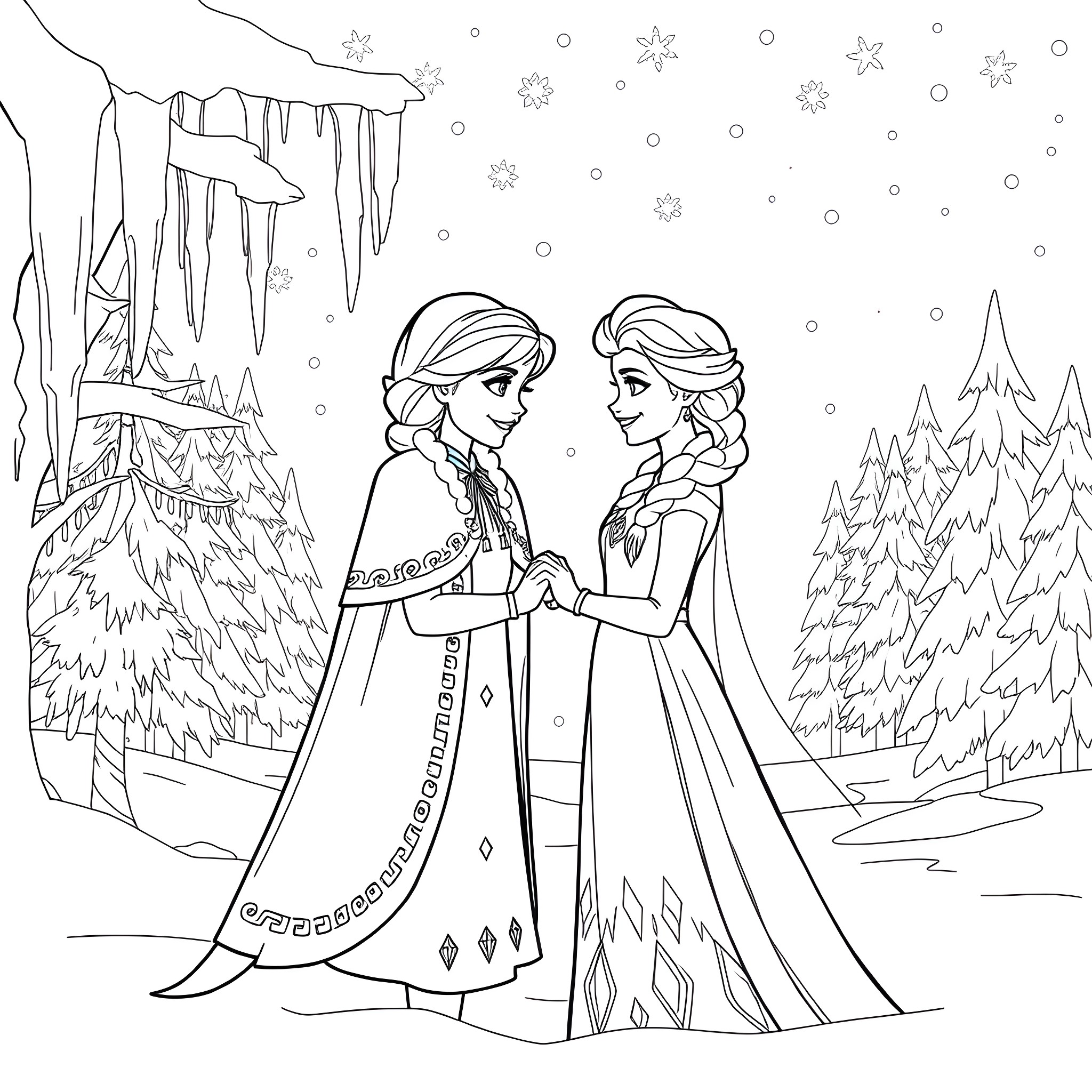 Anna and Elsa in a winter wonderland Coloring Page (free black-and-white line drawing printable PDF for all, from beginners to advanced learners, including children, teens, adults, and seniors)