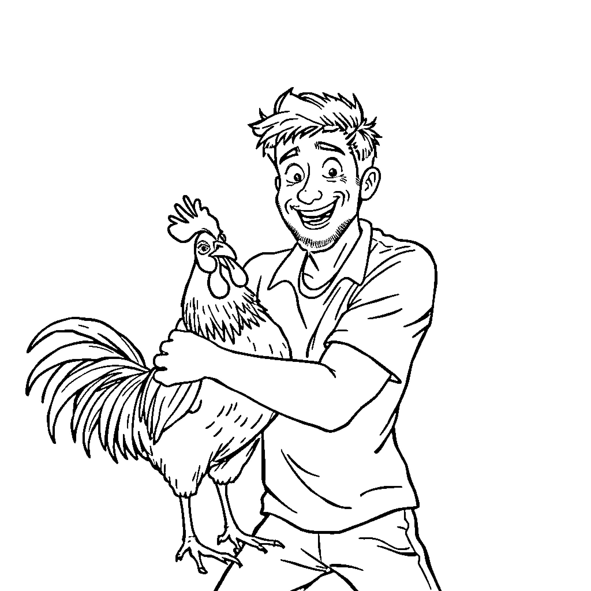 Man happily hugging a chicken Coloring Page (free black-and-white line drawing printable PDF for all, from beginners to advanced learners, including children, teens, adults, and seniors)