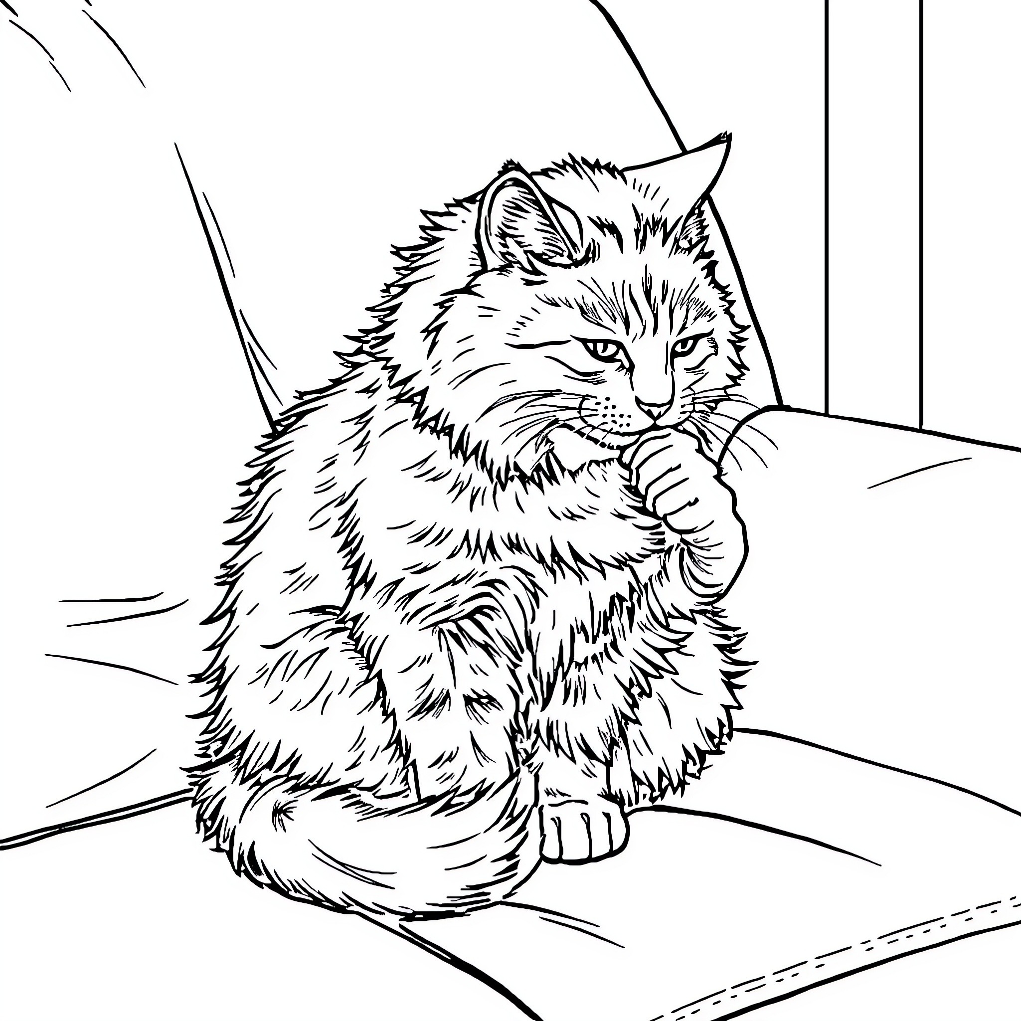 Cat contemplating in thoughtful pose Coloring Page (free black-and-white line drawing printable PDF for all, from beginners to advanced learners, including children, teens, adults, and seniors)
