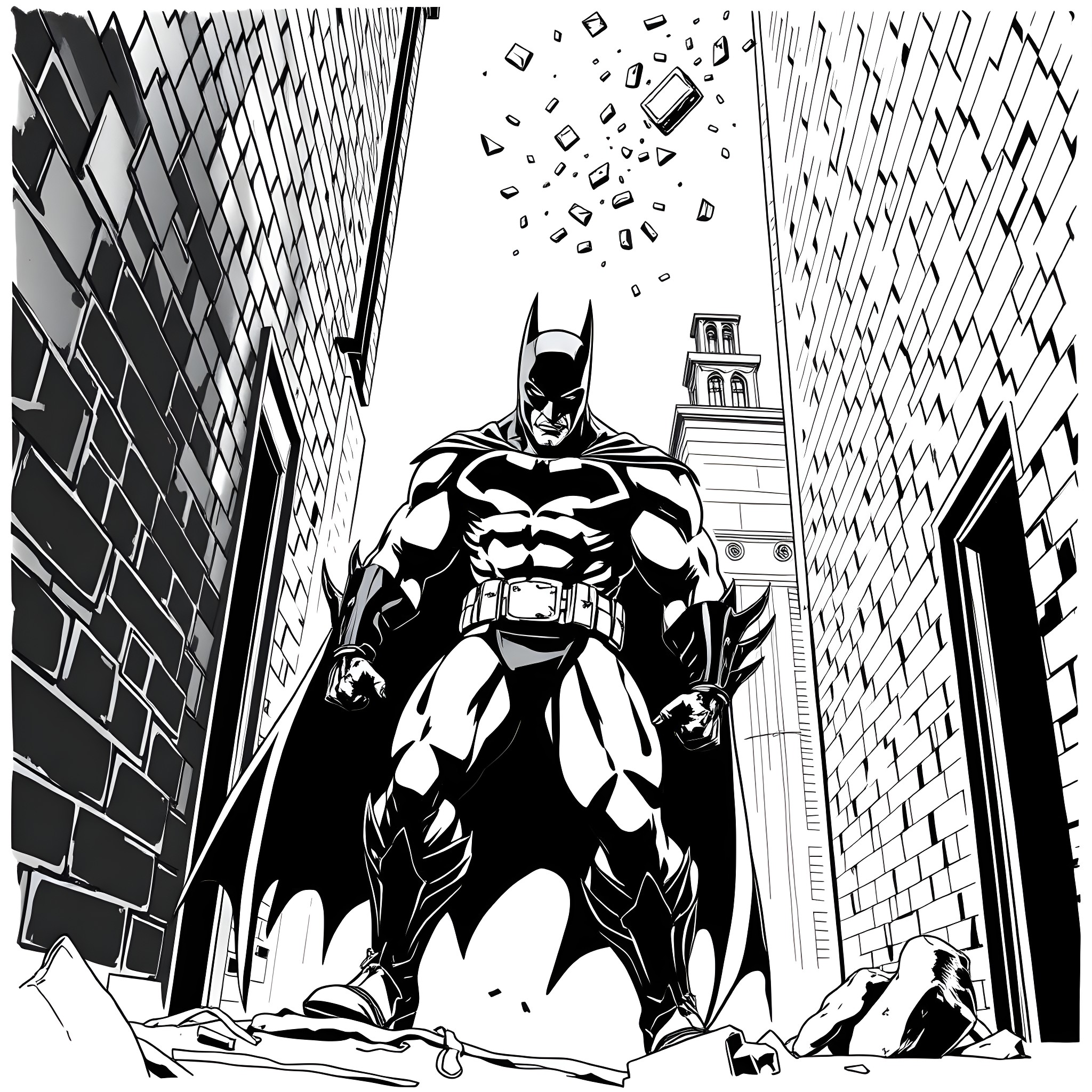 Bane, the Dark Knight, Confronts Chaos in the City Coloring Page (free black-and-white line drawing printable PDF for all, from beginners to advanced learners, including children, teens, adults, and seniors)