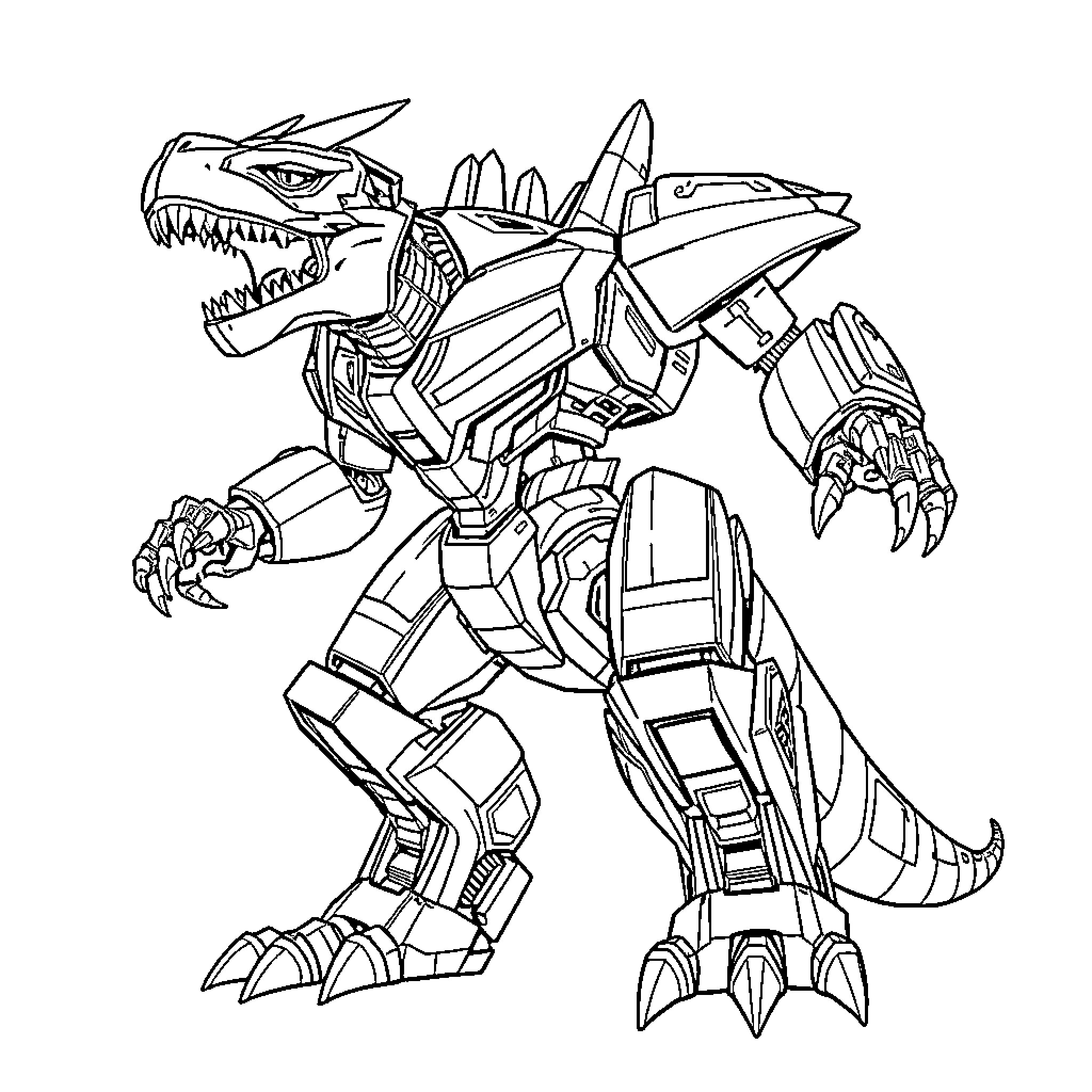 Megatron, the Fearsome Robotic Dinosaur Coloring Page (free black-and-white line drawing printable PDF for all, from beginners to advanced learners, including children, teens, adults, and seniors)