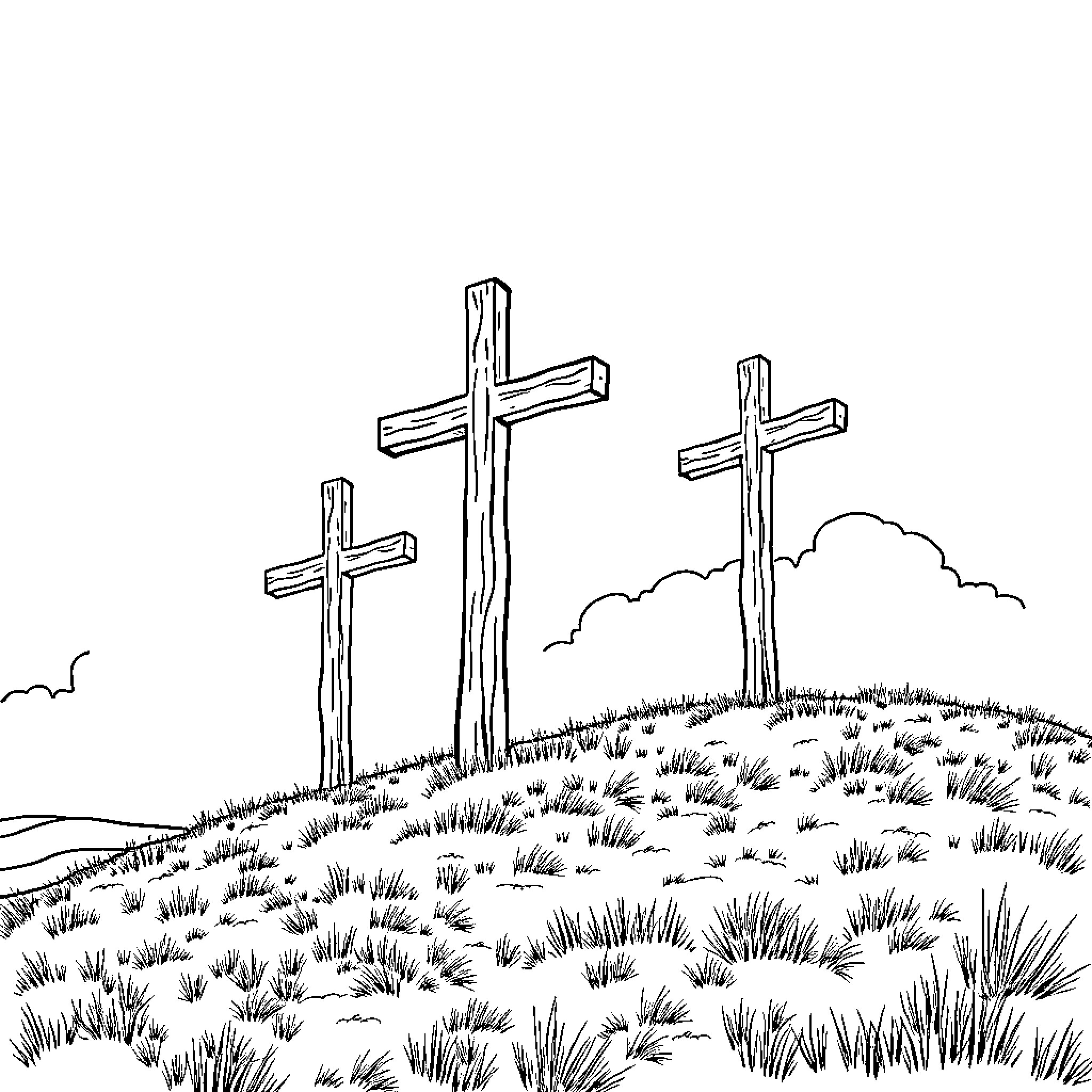 Cross Atop the Grassy Hill Coloring Page (free black-and-white line drawing printable PDF for all, from beginners to advanced learners, including children, teens, adults, and seniors)