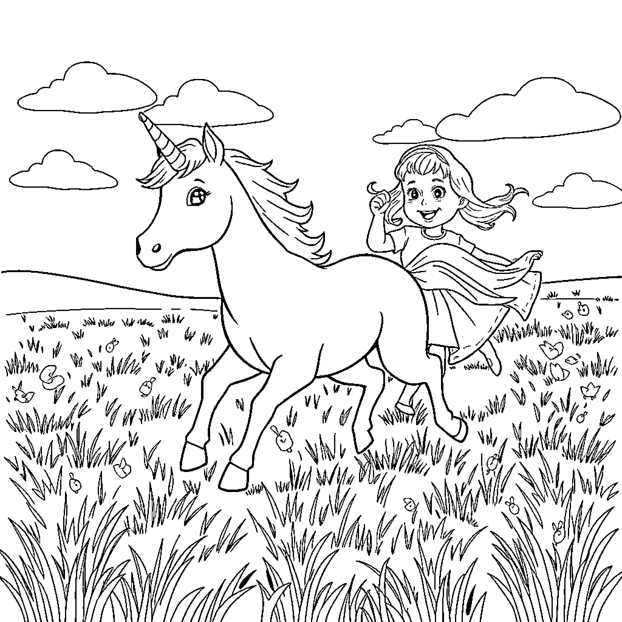 Unicorn and girl playing in the field Coloring Page (free black-and-white line drawing printable PDF for all, from beginners to advanced learners, including children, teens, adults, and seniors)