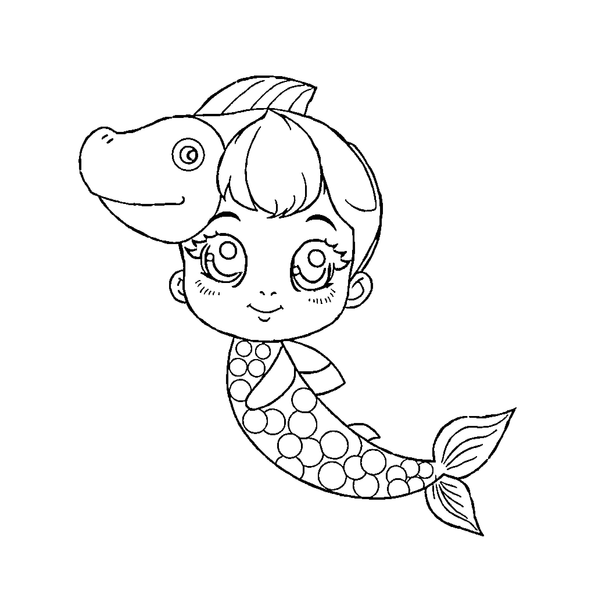 Unicorn mermaid swimming happily Coloring Page (free black-and-white line drawing printable PDF for all, from beginners to advanced learners, including children, teens, adults, and seniors)
