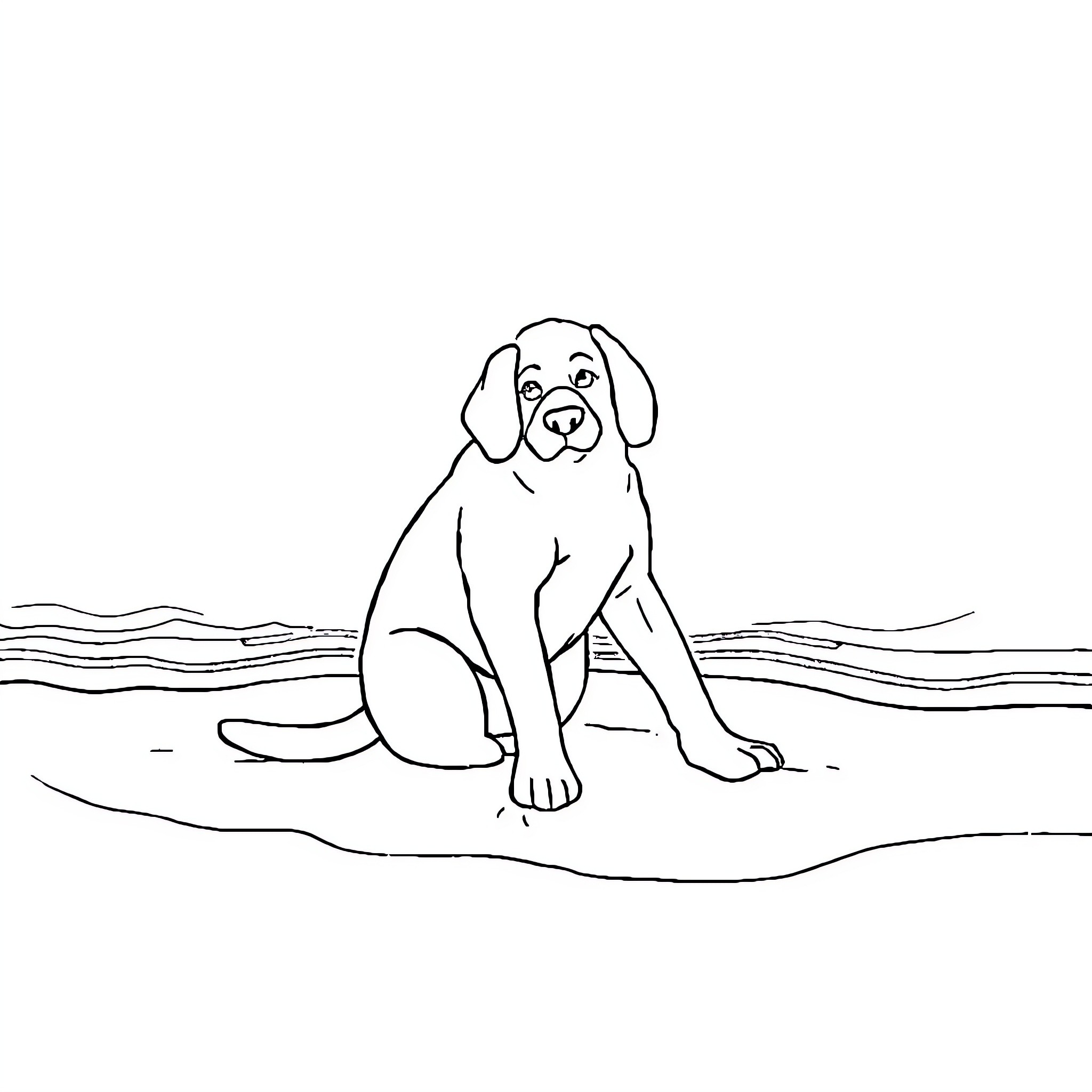 Labubu the Playful Pup by the Seaside Coloring Page (free black-and-white line drawing printable PDF for all, from beginners to advanced learners, including children, teens, adults, and seniors)