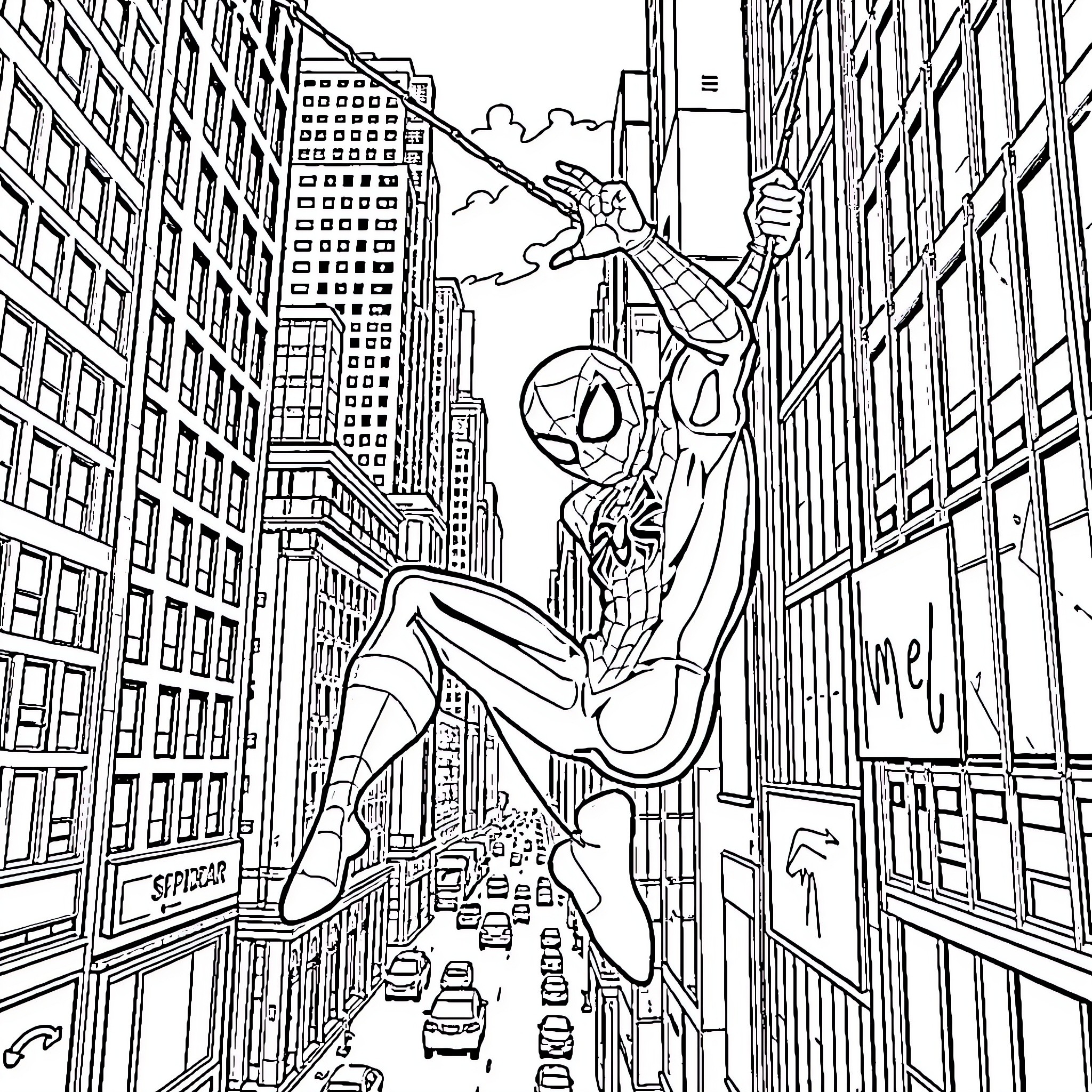 Spider-Man swinging through the city streets Coloring Page (free black-and-white line drawing printable PDF for all, from beginners to advanced learners, including children, teens, adults, and seniors)