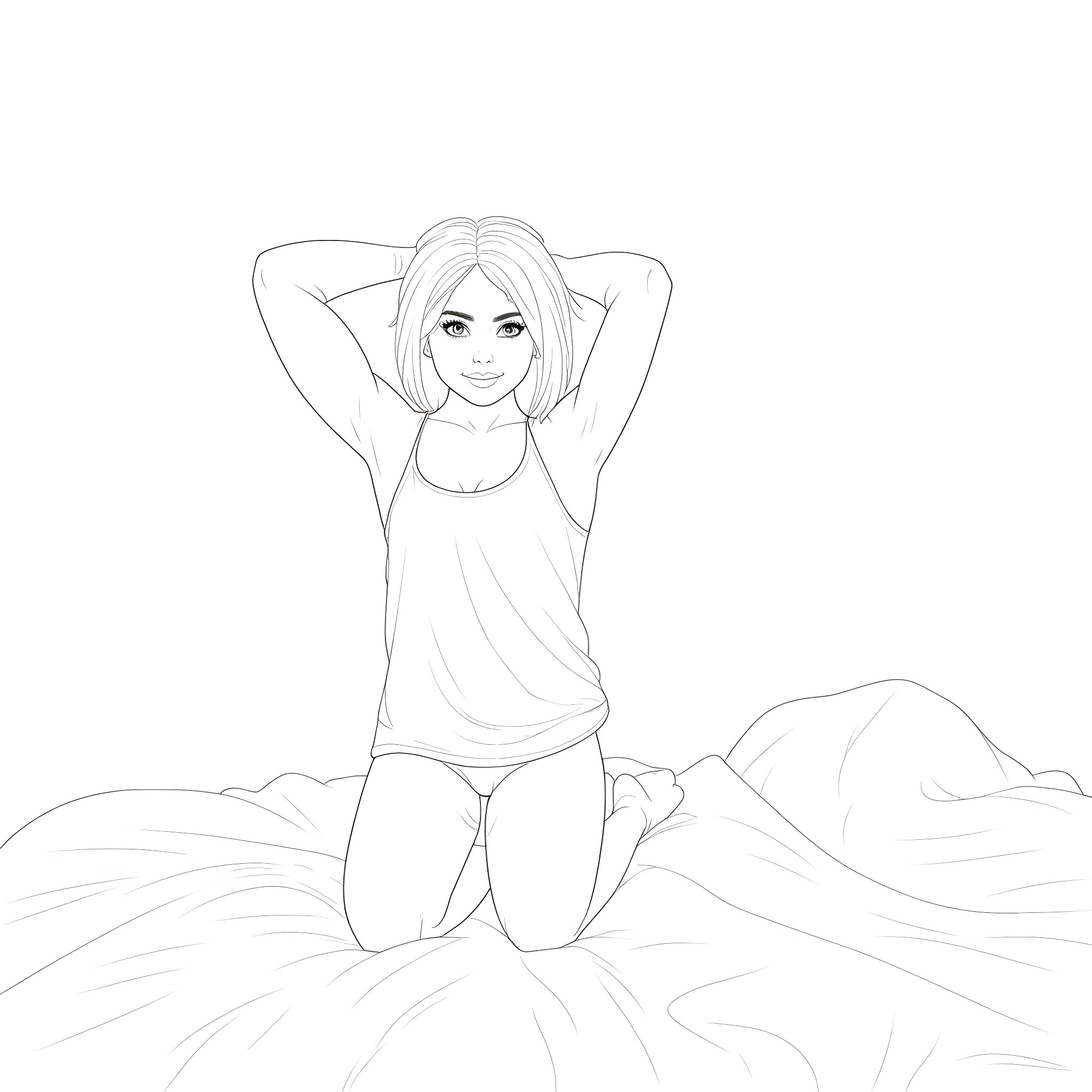 Model posing with hands behind head in serene landscape Coloring Page (free black-and-white line drawing printable PDF for all, from beginners to advanced learners, including children, teens, adults, and seniors)