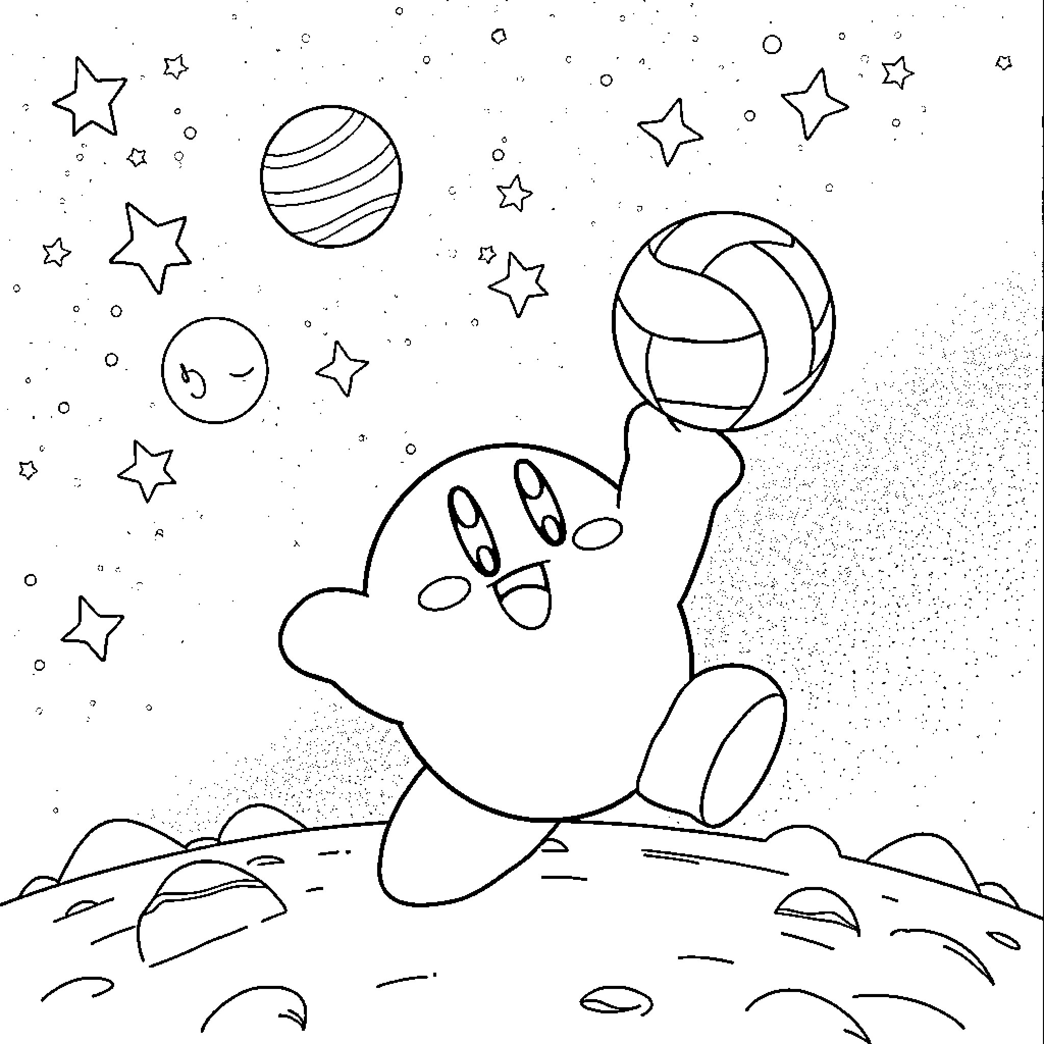 Kirby playing joyfully among the stars Coloring Page (free black-and-white line drawing printable PDF for all, from beginners to advanced learners, including children, teens, adults, and seniors)