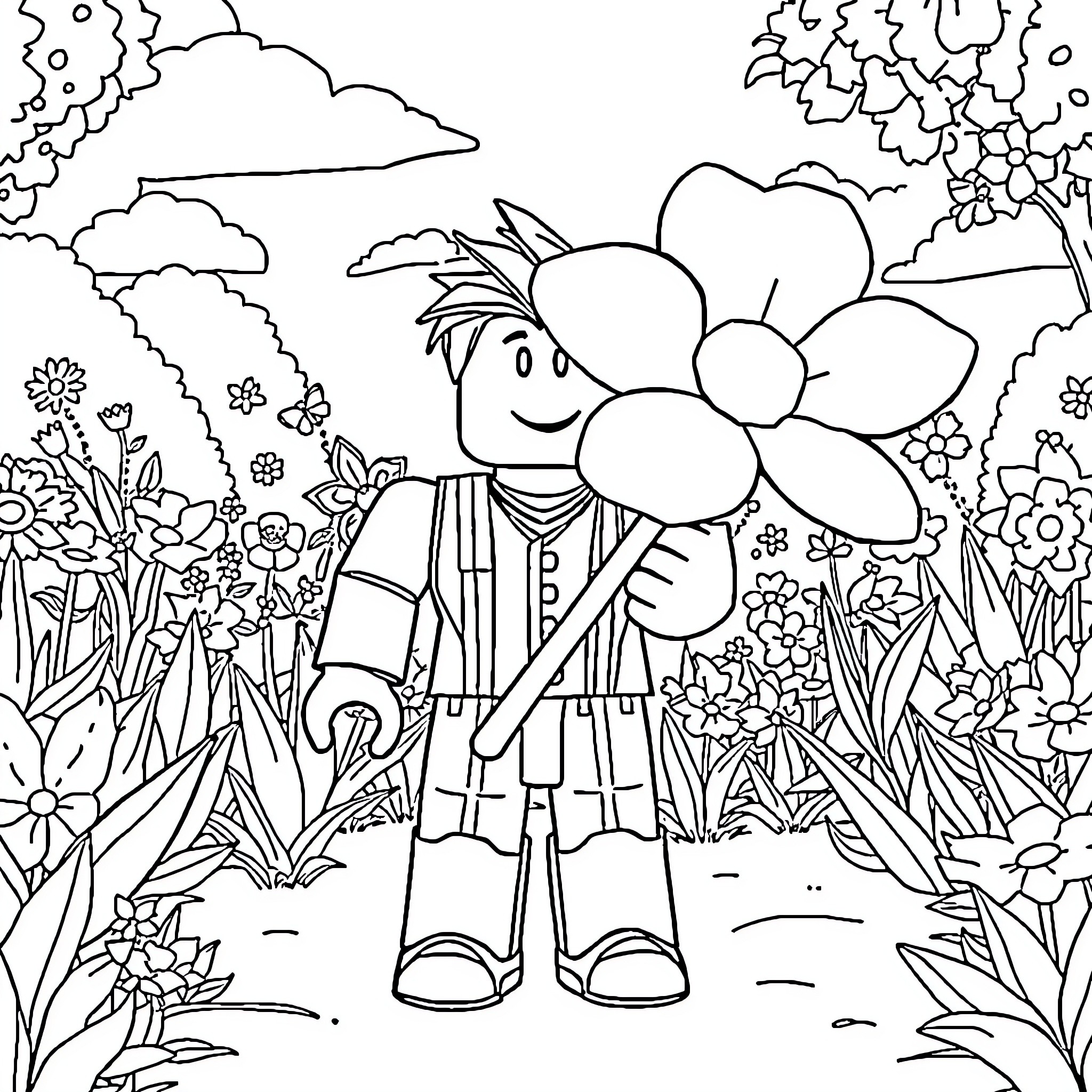 Roblox Player exploring a colorful floral garden Coloring Page (free black-and-white line drawing printable PDF for all, from beginners to advanced learners, including children, teens, adults, and seniors)