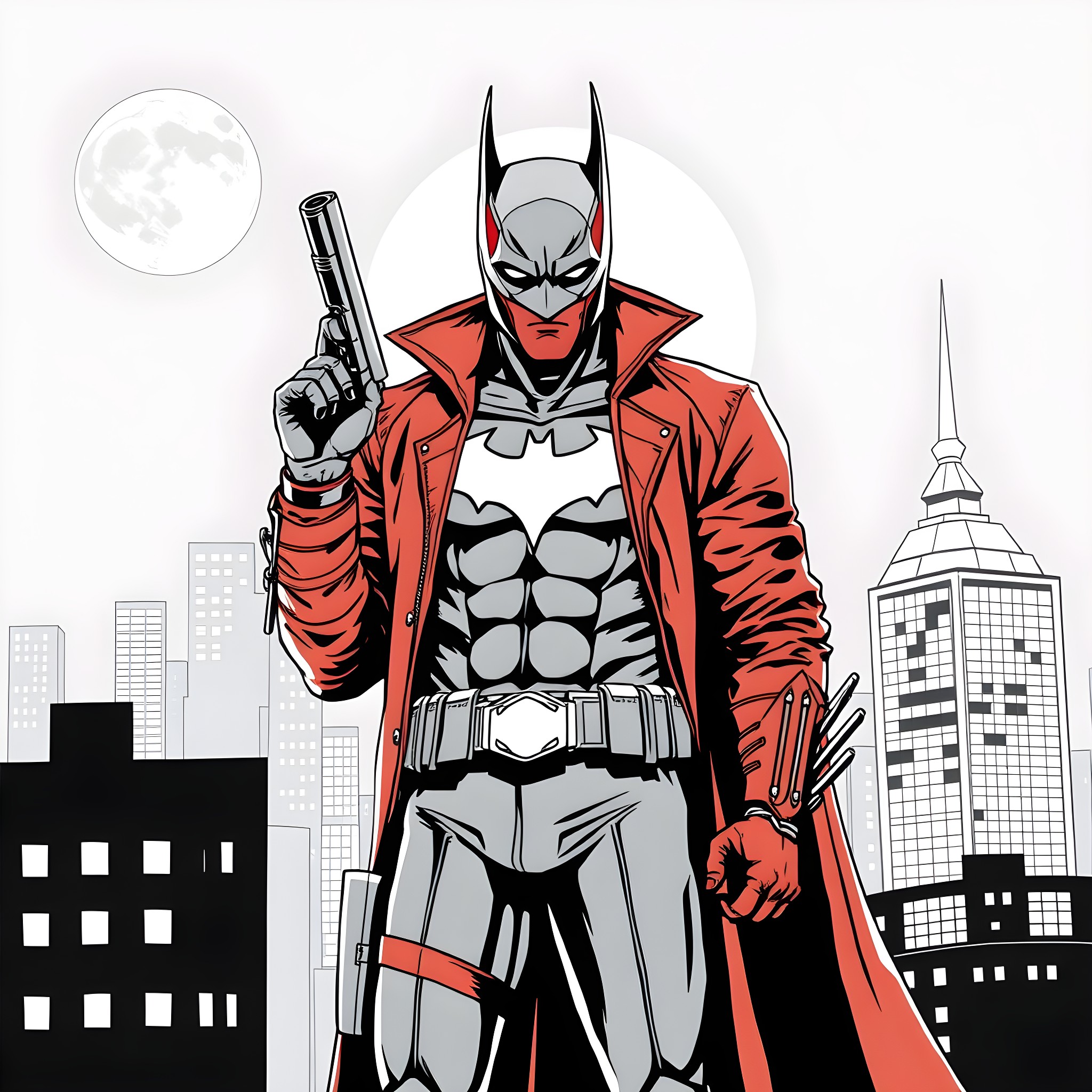 Red Hood in Crimson Vigilante Action Coloring Page (free black-and-white line drawing printable PDF for all, from beginners to advanced learners, including children, teens, adults, and seniors)