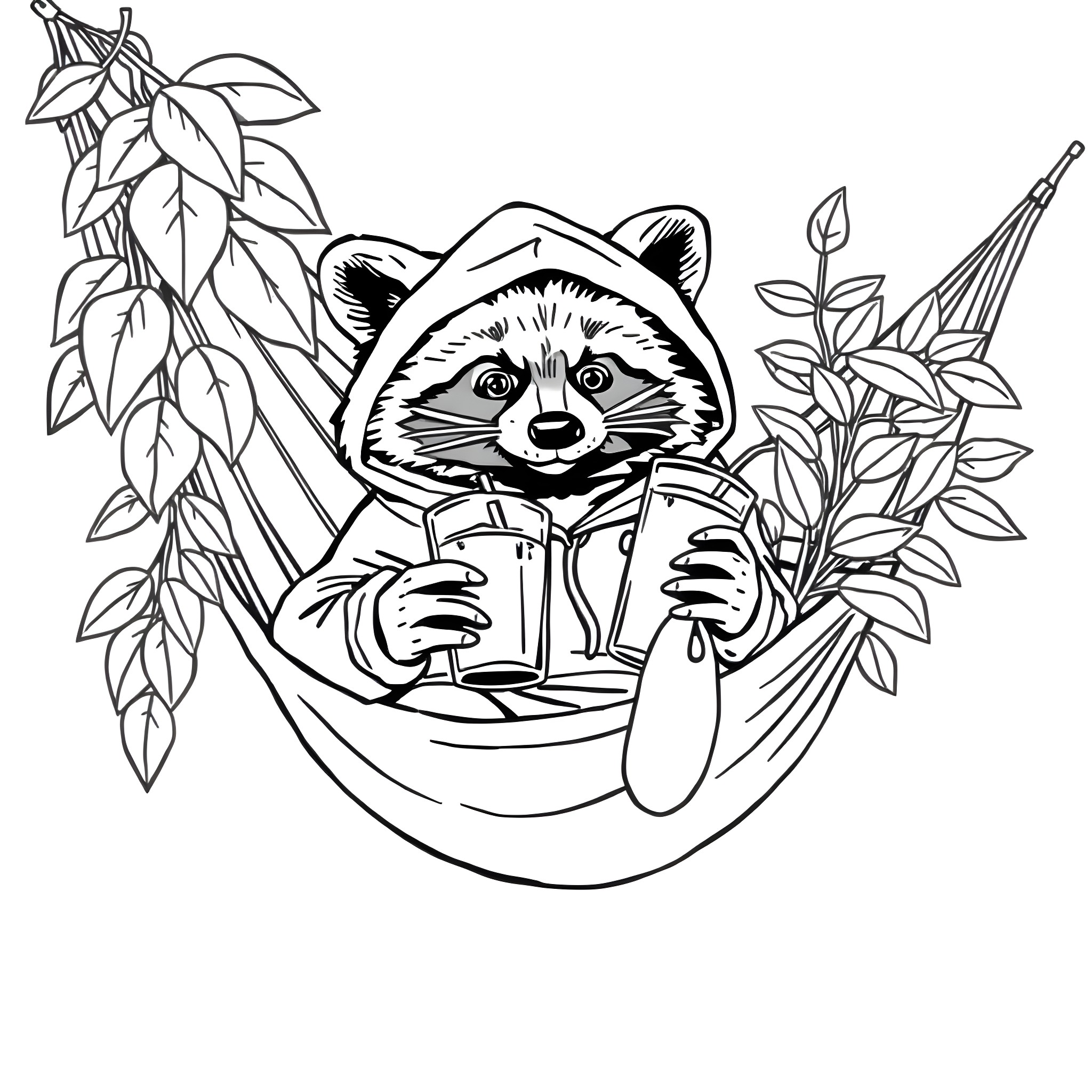 Raccoon relaxing in a hammock with leaves Coloring Page (free black-and-white line drawing printable PDF for all, from beginners to advanced learners, including children, teens, adults, and seniors)
