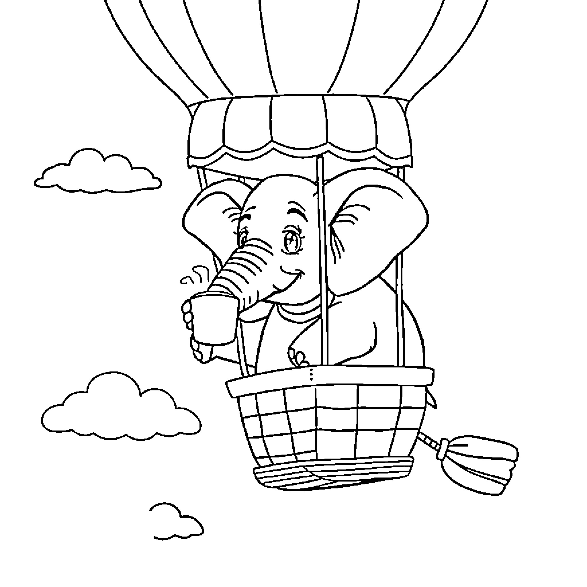 Elephant riding in a hot air balloon Coloring Page (free black-and-white line drawing printable PDF for all, from beginners to advanced learners, including children, teens, adults, and seniors)