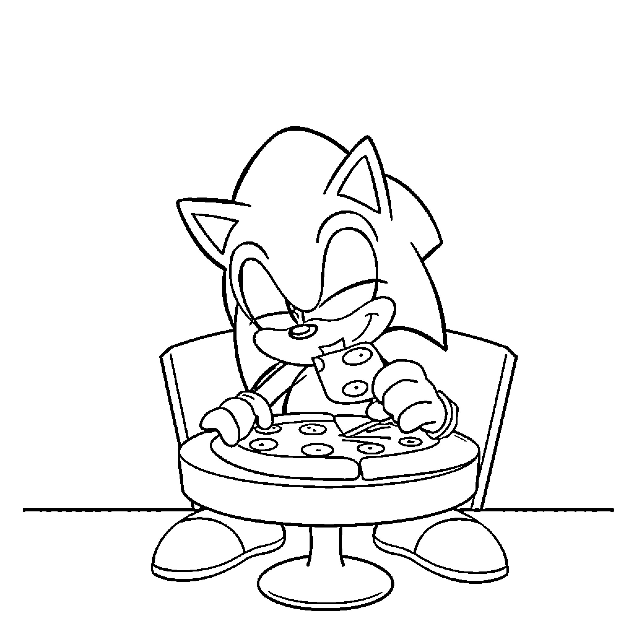 Sonic enjoying a delicious pizza Coloring Page (free black-and-white line drawing printable PDF for all, from beginners to advanced learners, including children, teens, adults, and seniors)