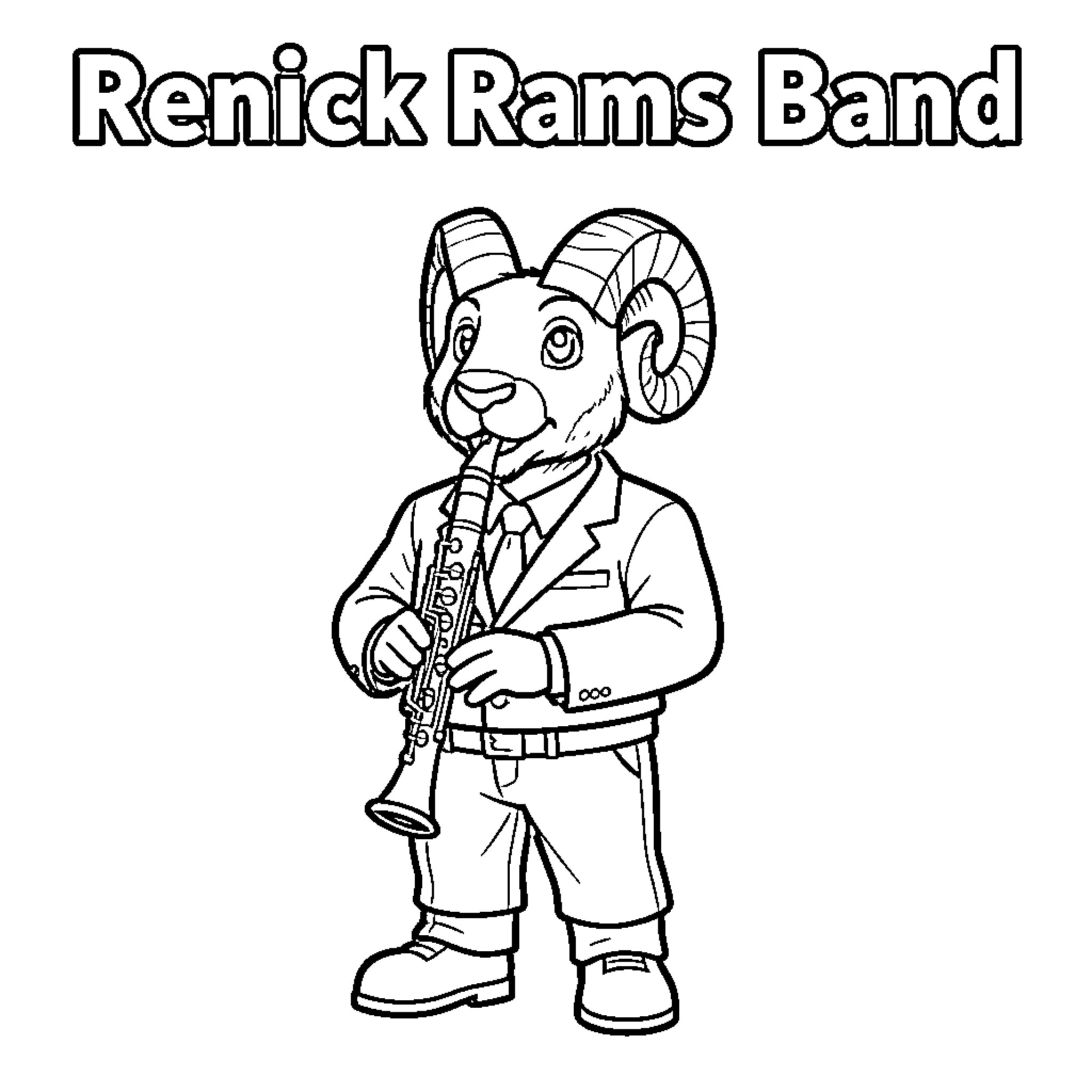 Ram wearing a suit playing the clarinet Coloring Page (free black-and-white line drawing printable PDF for all, from beginners to advanced learners, including children, teens, adults, and seniors)