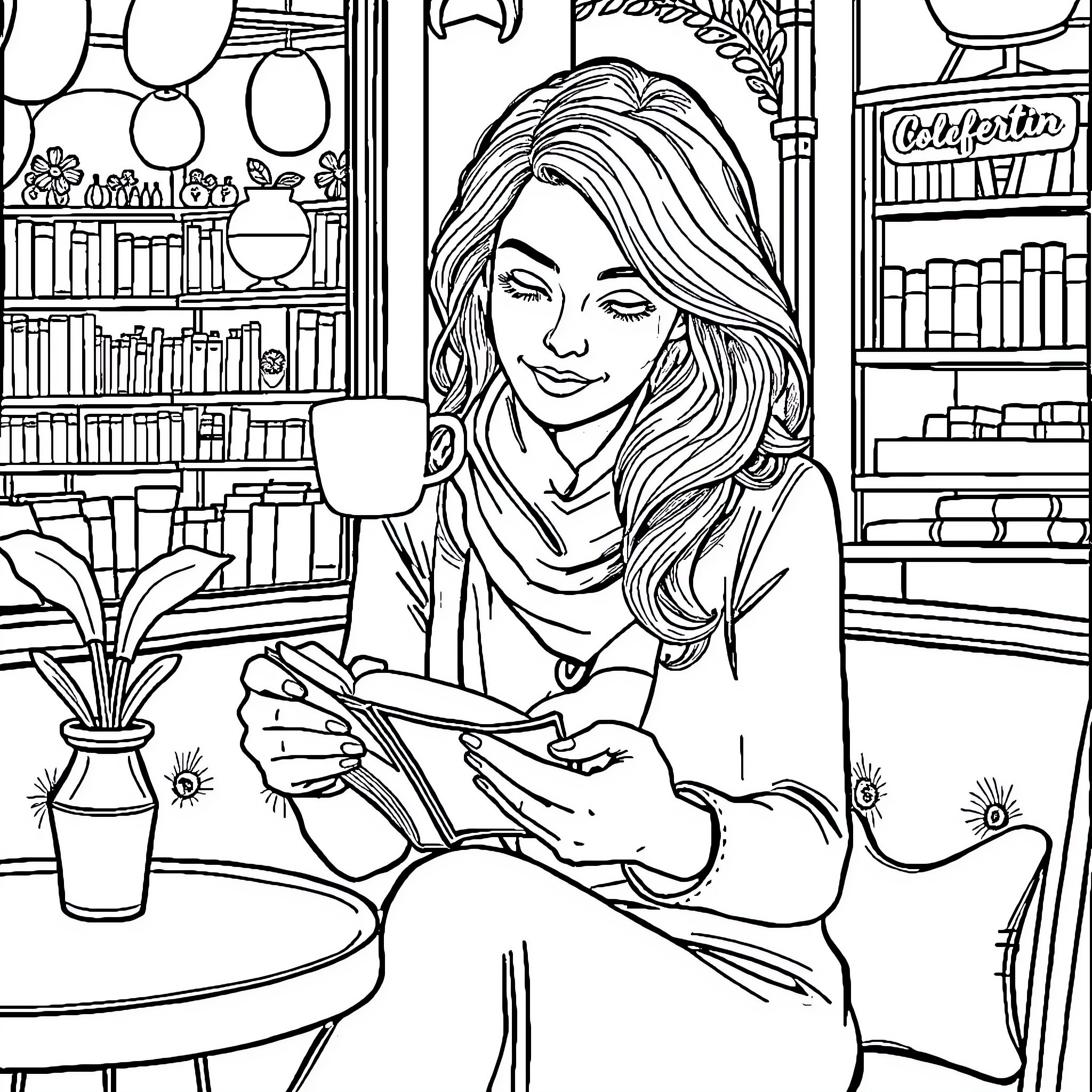 Marguerite enjoying a relaxing moment in the cozy library Coloring Page (free black-and-white line drawing printable PDF for all, from beginners to advanced learners, including children, teens, adults, and seniors)